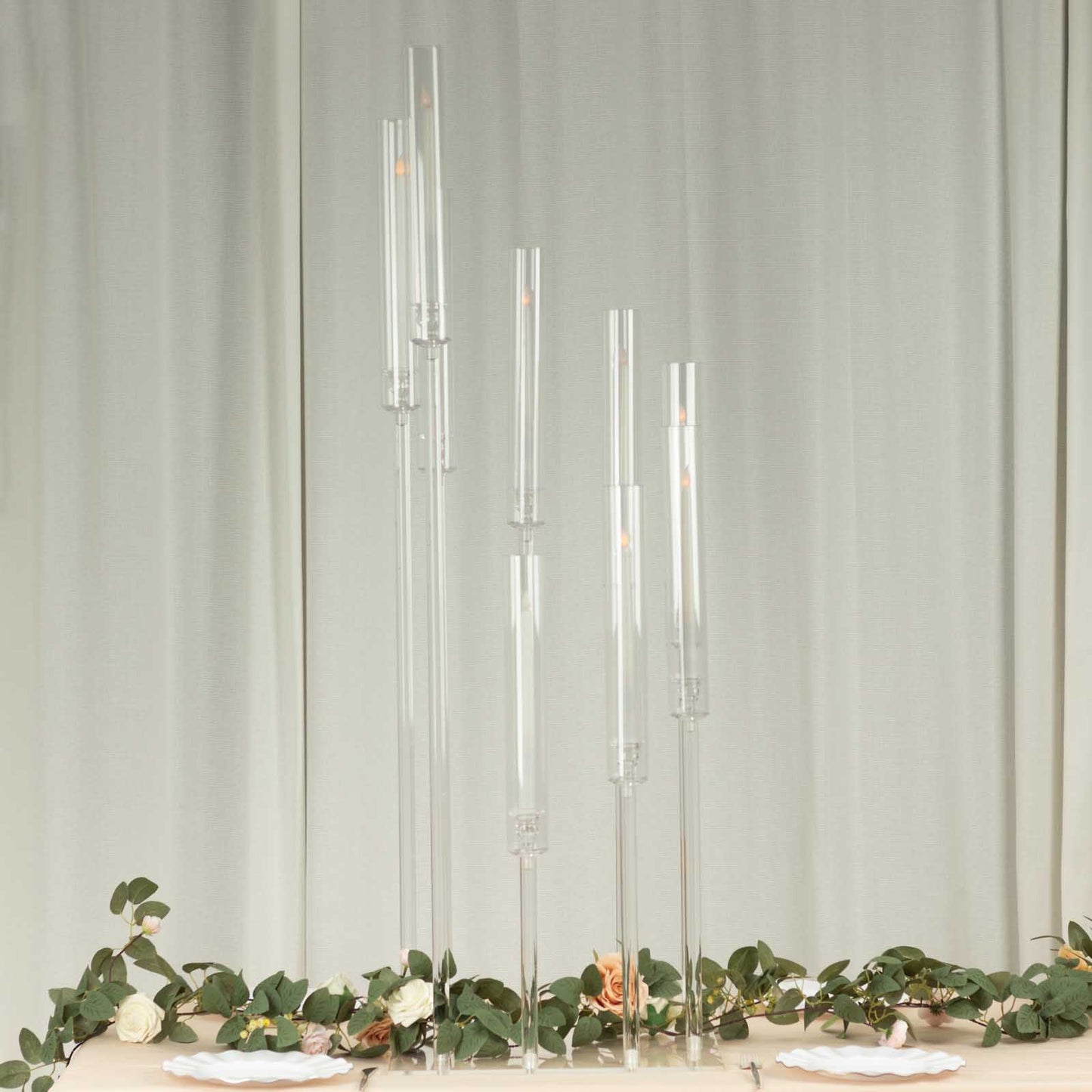 Clear acrylic cluster pillar candle stand, 4ft tall with square base.