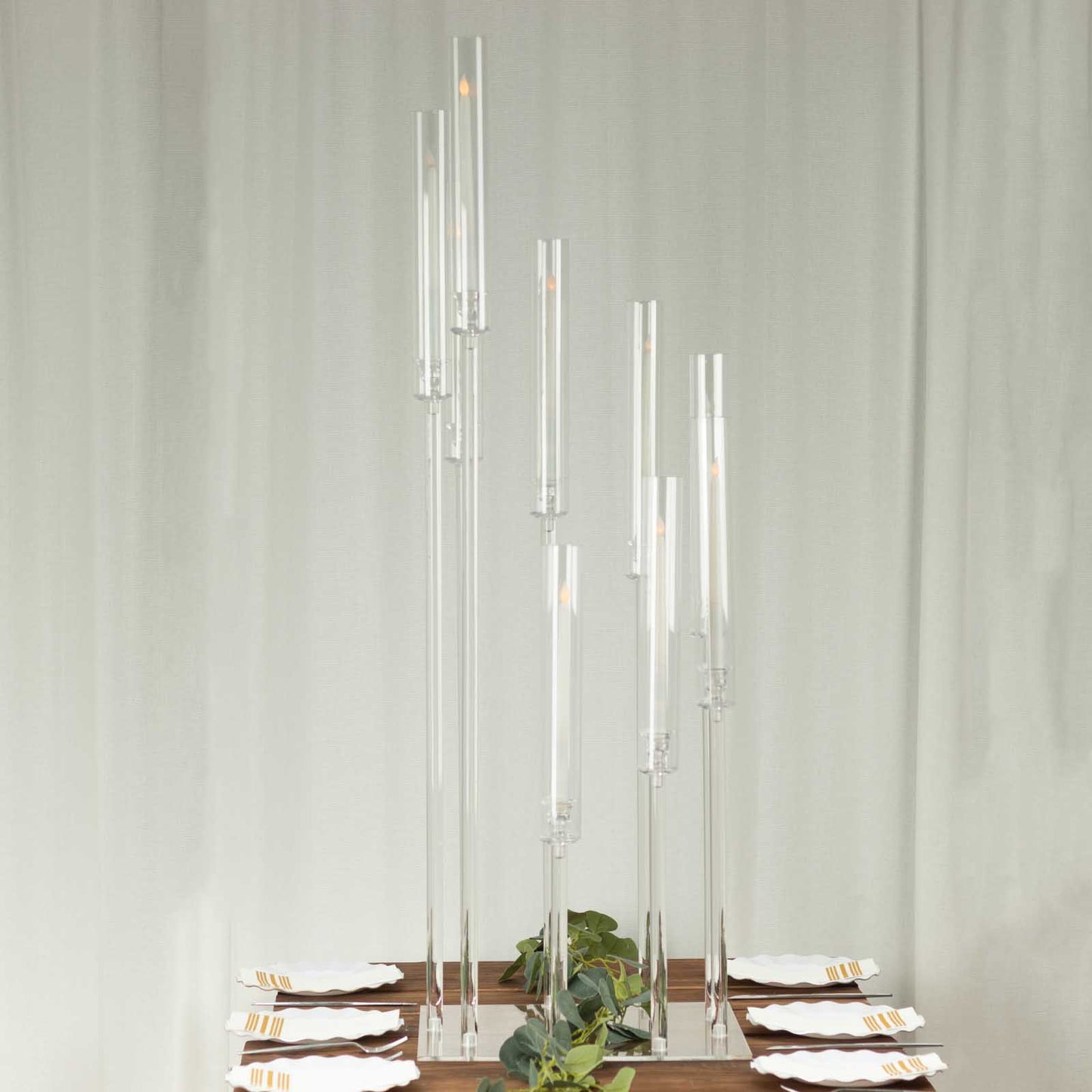 Clear acrylic 9 arm candelabra candle holder, 4ft tall with square base.