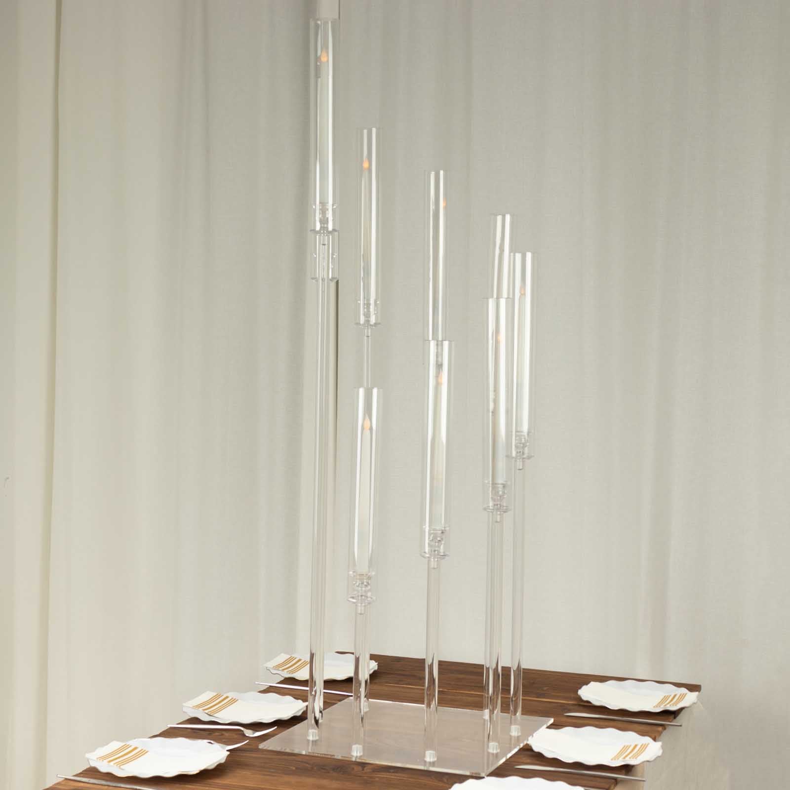 Clear acrylic cluster pillar candle stand, 4ft tall, with square base.