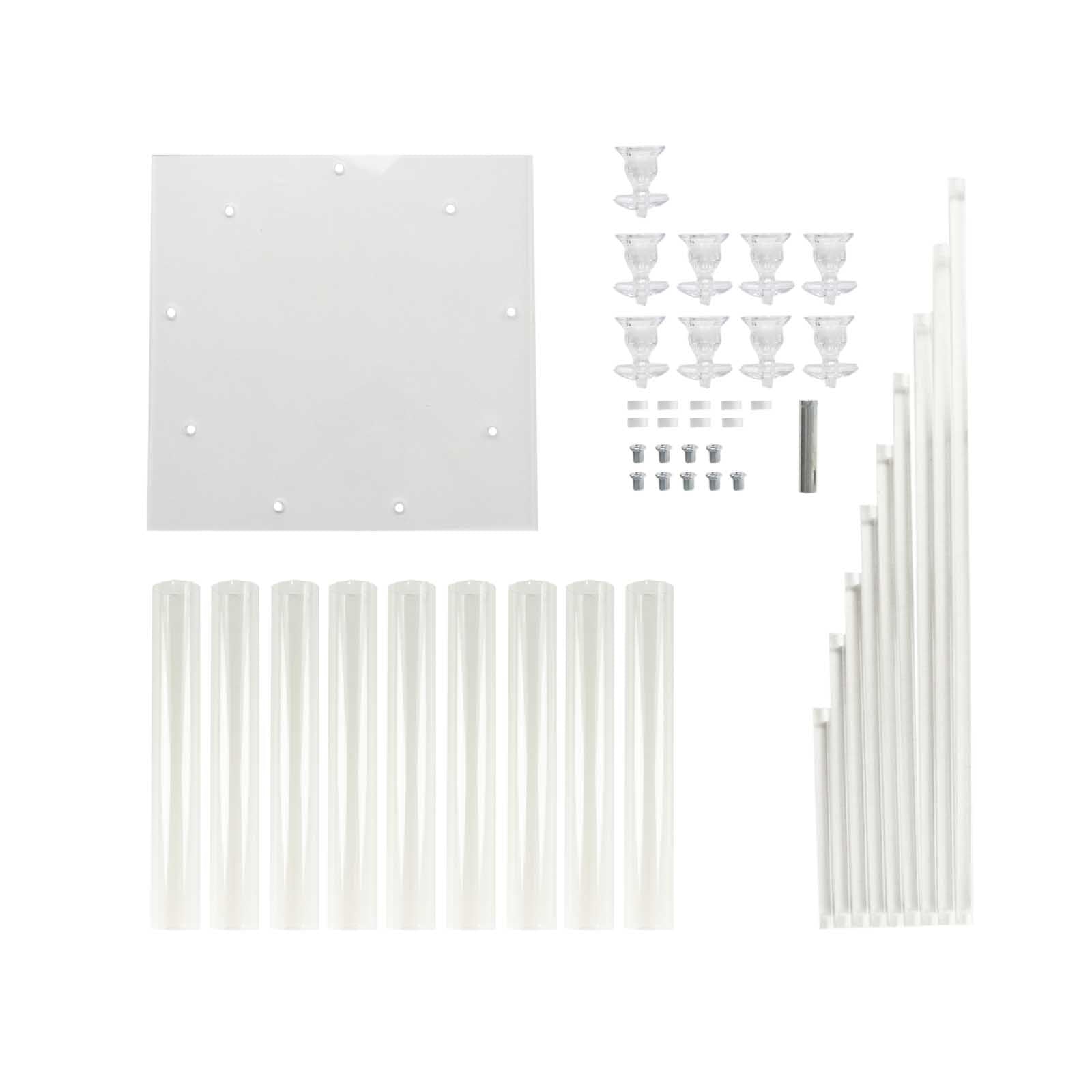 Clear acrylic candle holder set with 9 arms and square base.