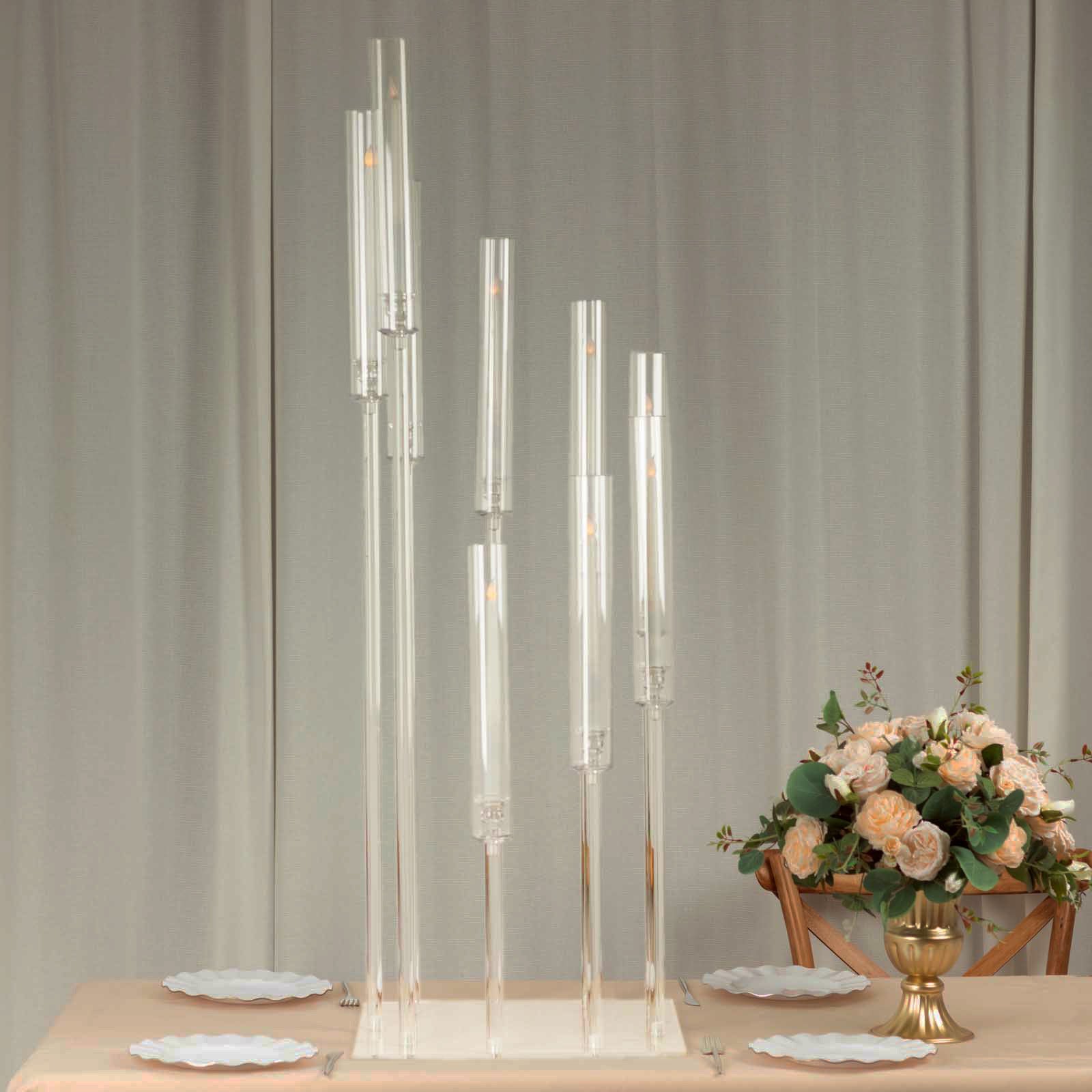 Clear acrylic cluster candle holder stand, 4ft tall with square base.