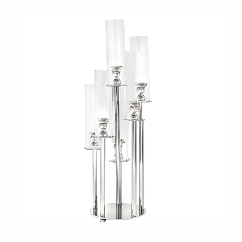 Clear crystal 7 arm candelabra with mirror base for pillar candles.