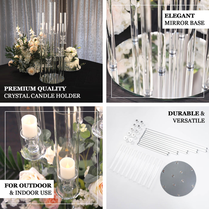 Clear 5-arm crystal candelabra candle holder with round mirror base.