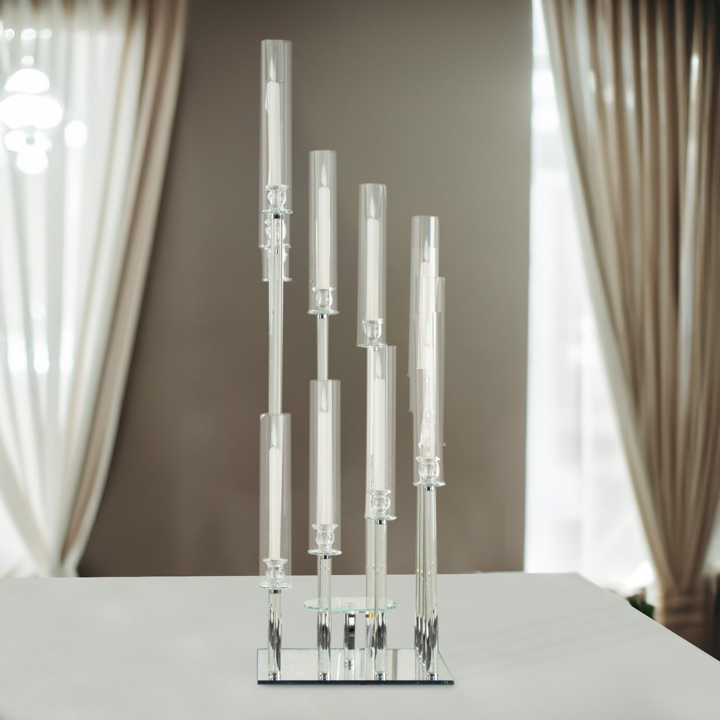 4.5ft Crystal 12-Arm Cluster Glass Candelabra Floral Pedestal Stand, Square Hurricane Taper Candle Holder Stand
