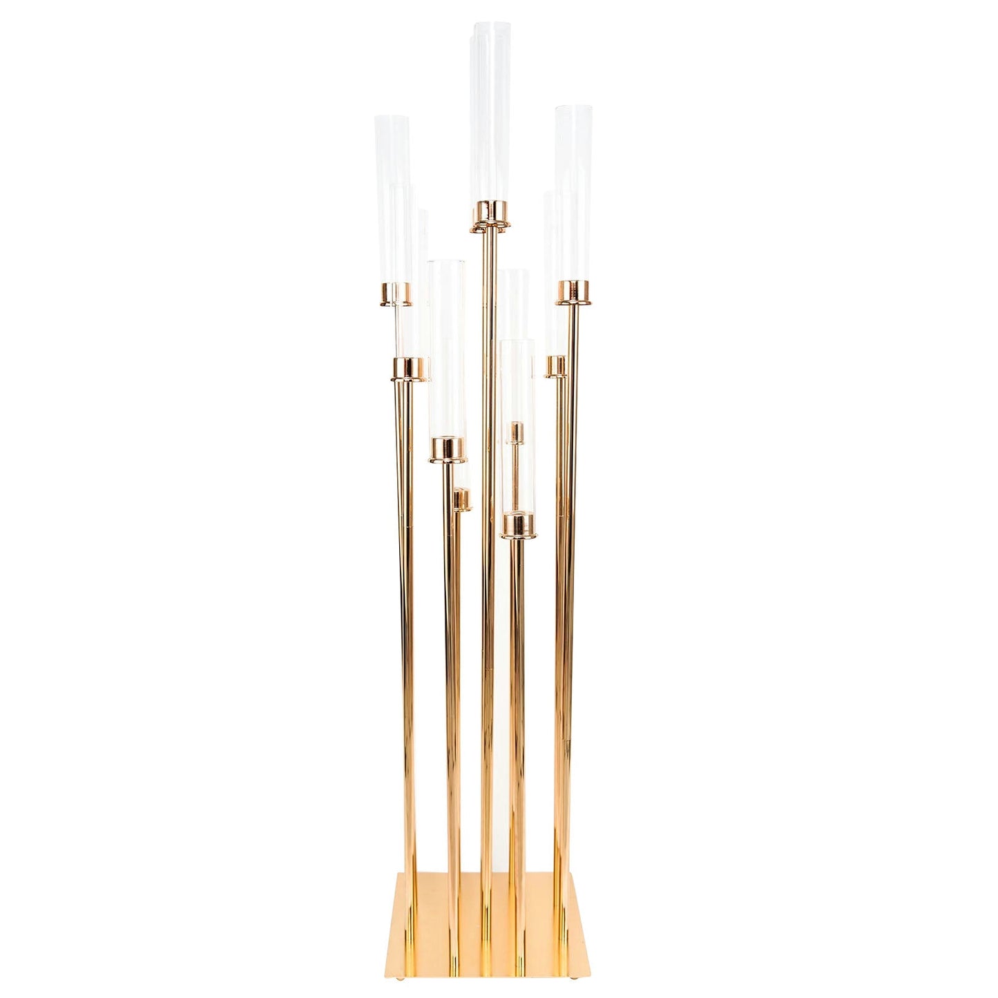 50" Gold 10 Arm Cluster Taper Candle Holder With Clear Glass Shades, Large Candle Arrangement