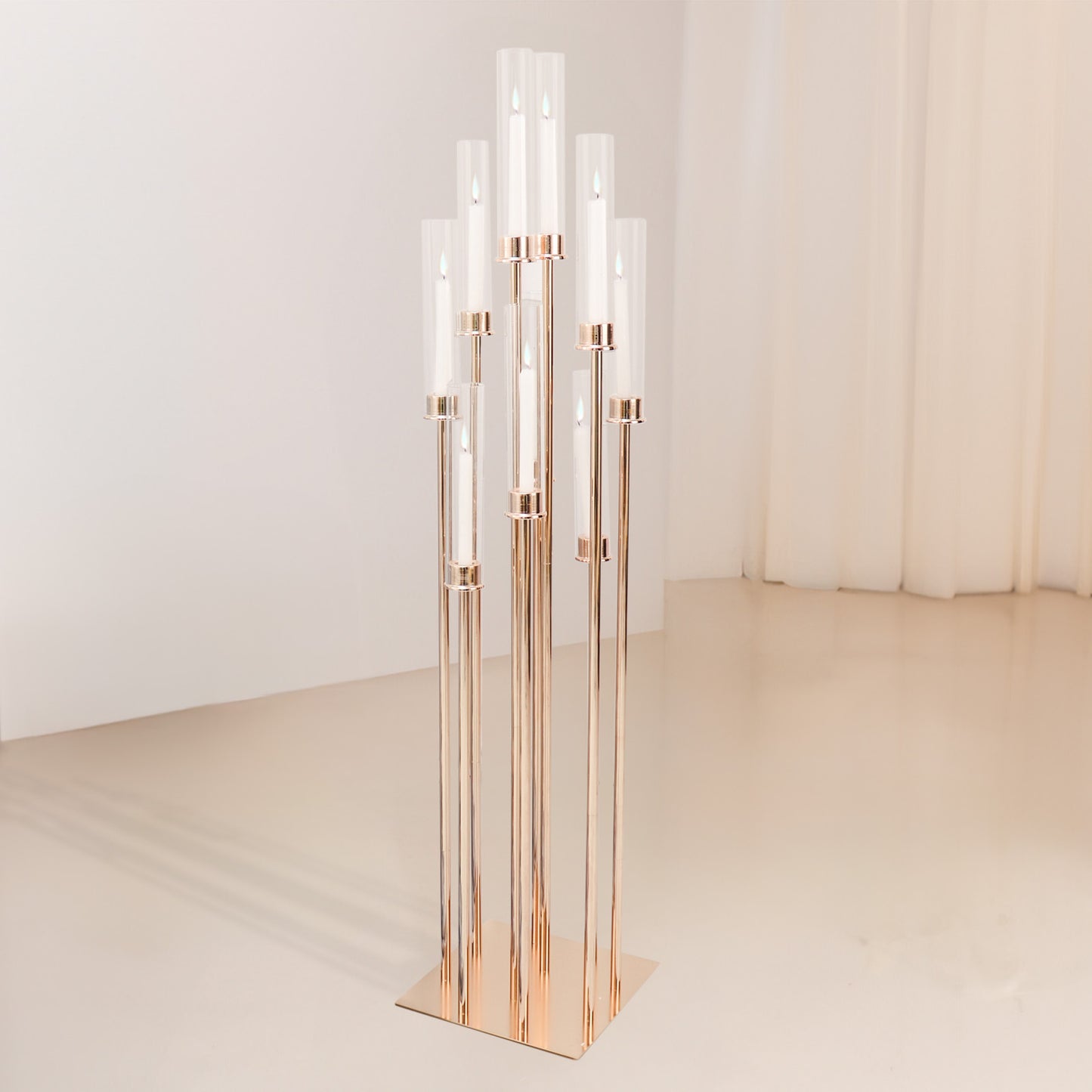 50" Gold 10 Arm Cluster Taper Candle Holder With Clear Glass Shades, Large Candle Arrangement