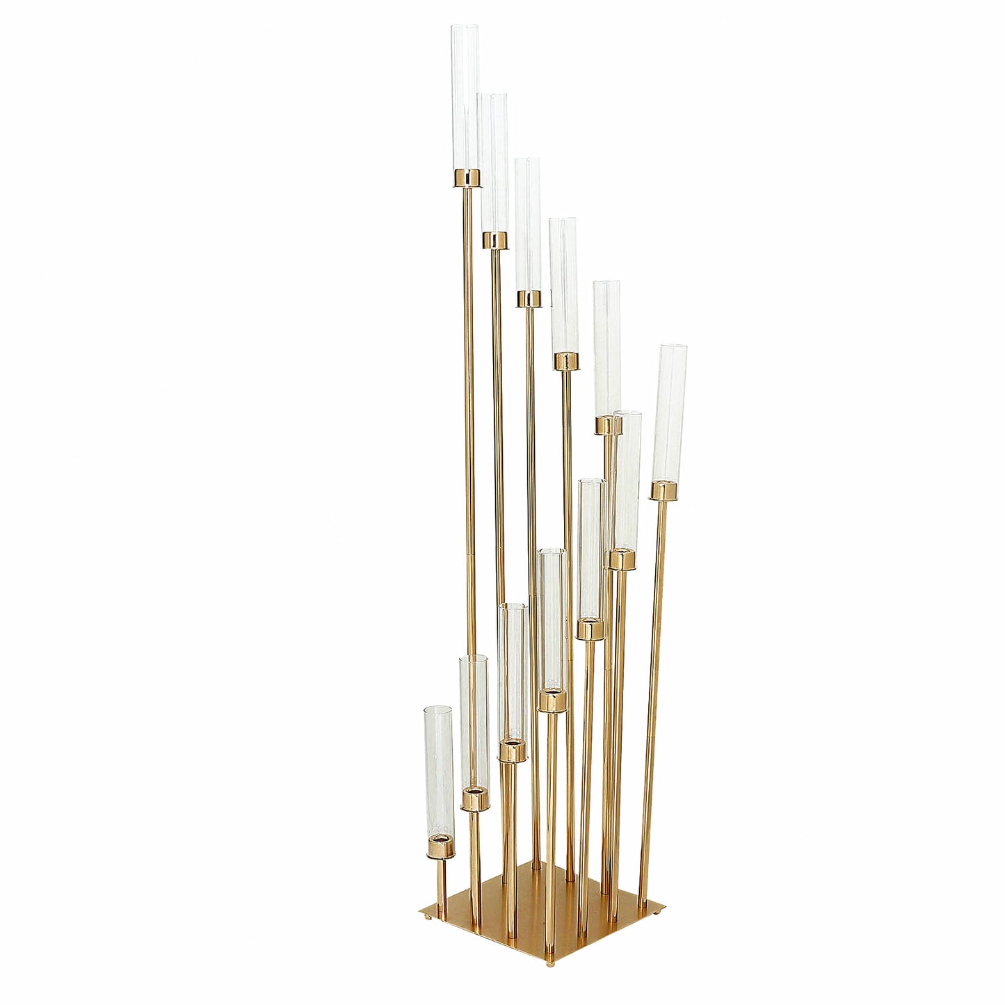 57" Gold 12 Arm Cluster Taper Candle Holder With Clear Glass Shades, Large Candle Arrangement