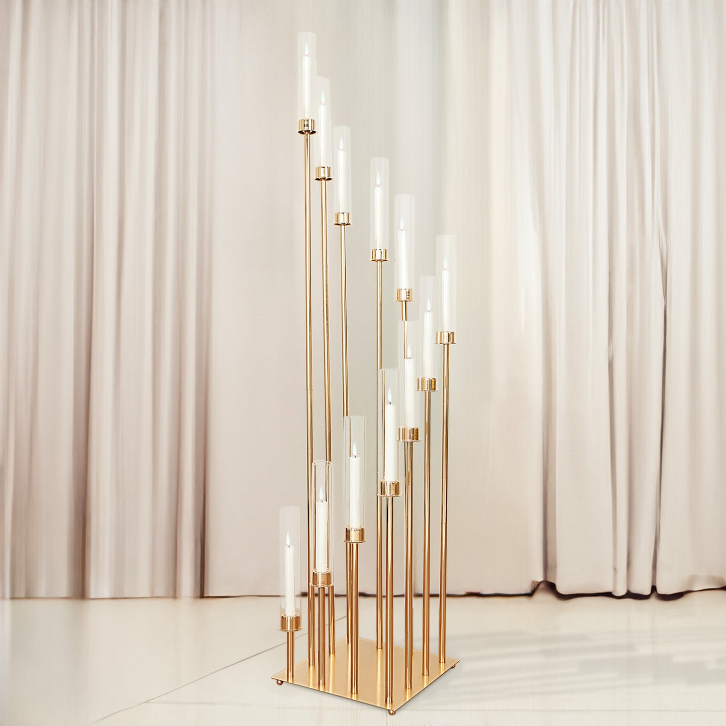 57" Gold 12 Arm Cluster Taper Candle Holder With Clear Glass Shades, Large Candle Arrangement