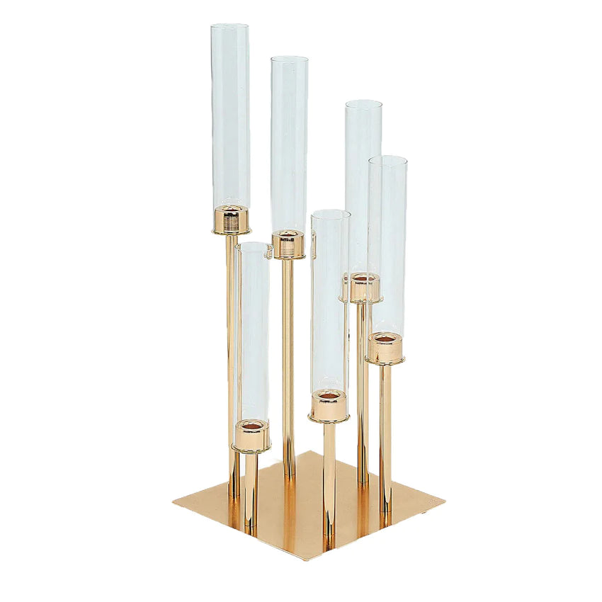 24" Gold 6 Arm Cluster Taper Candle Holder With Clear Glass Shades, Large Candle Arrangement