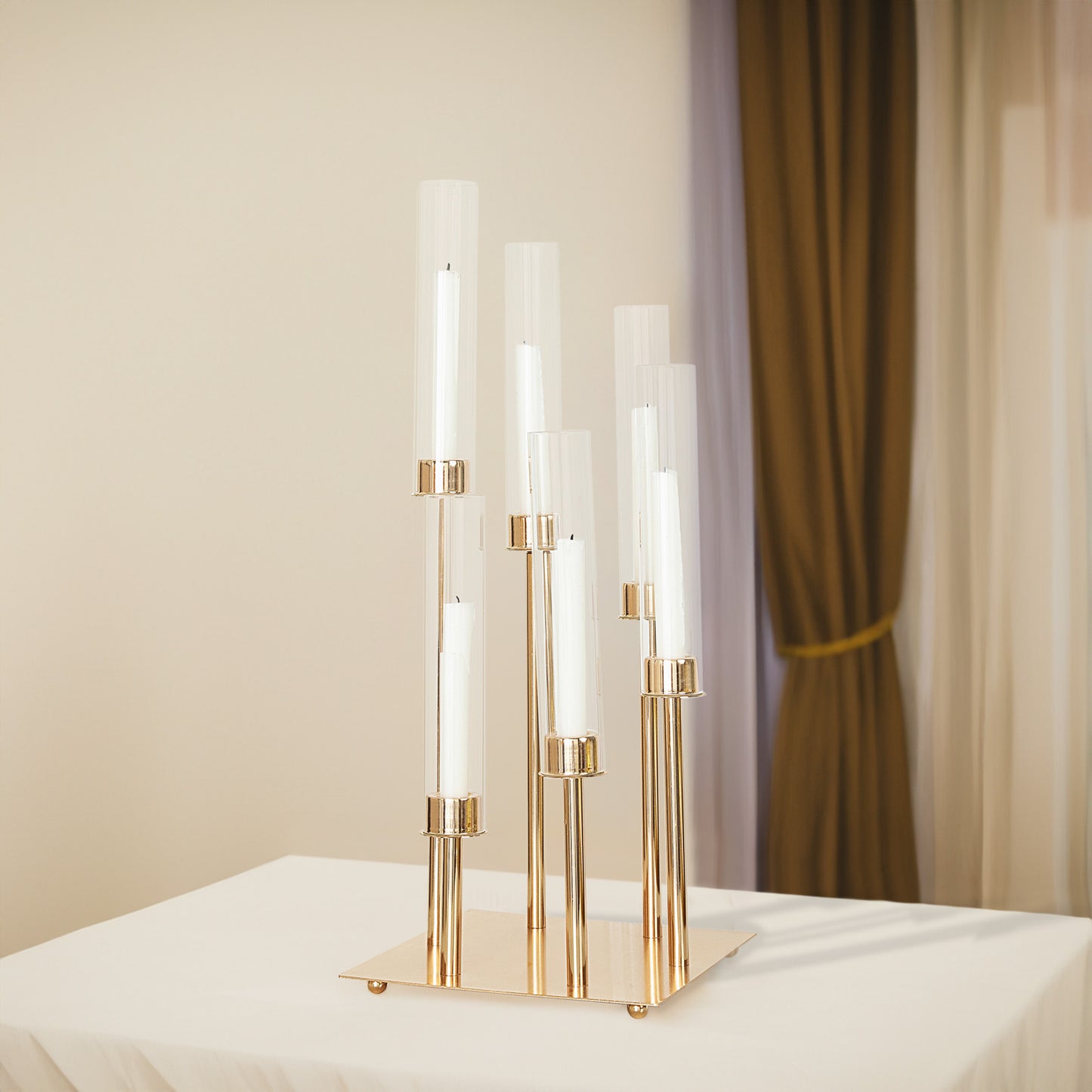 24" Gold 6 Arm Cluster Taper Candle Holder With Clear Glass Shades, Large Candle Arrangement