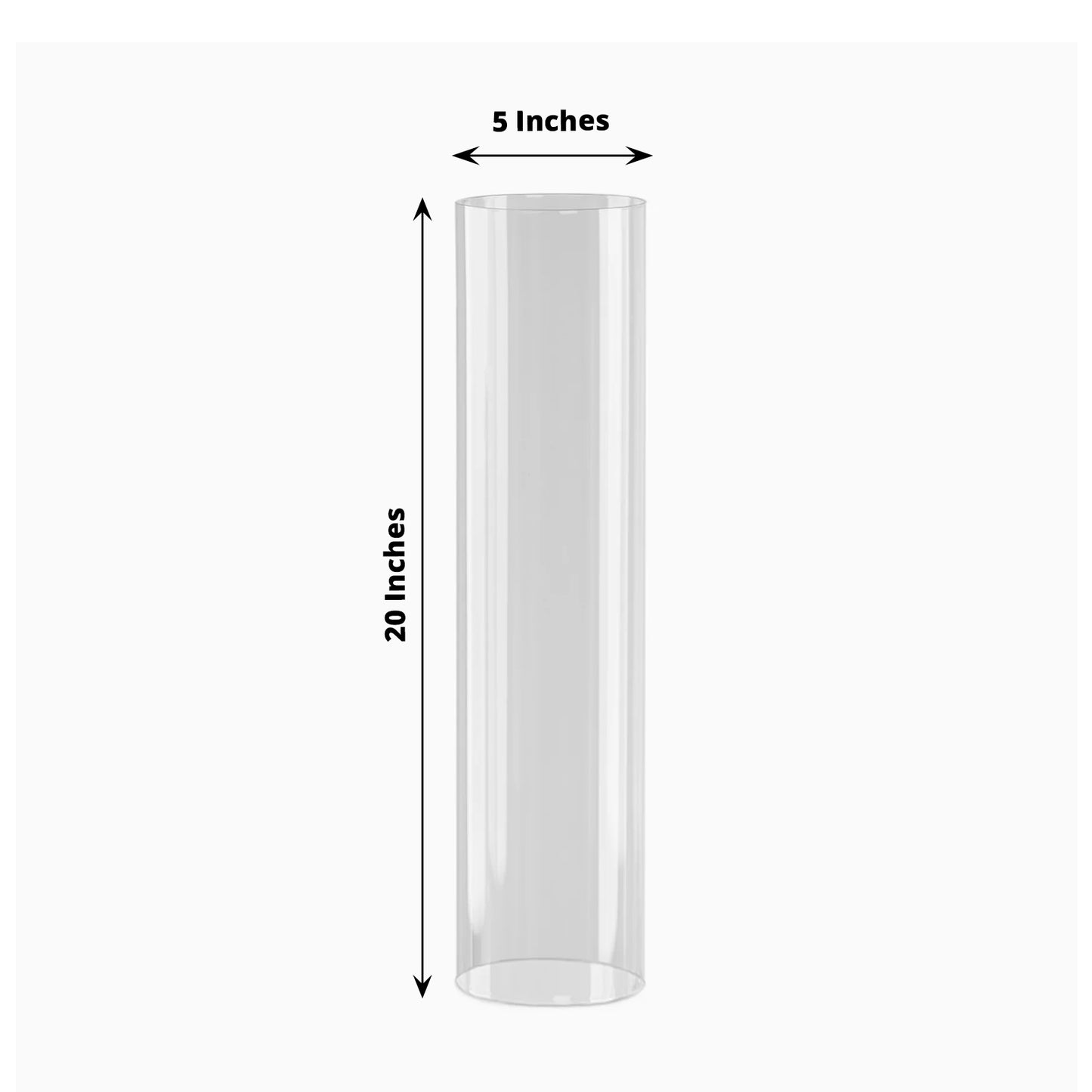 Clear glass candle holder with open ends, 20 inches tall.