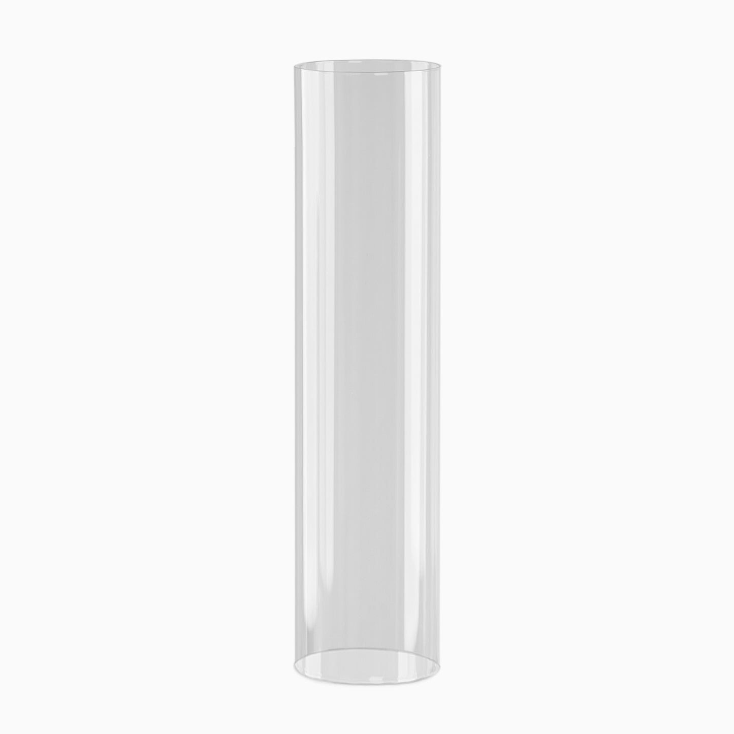 Clear glass candle holder with open ends, 20 inches tall.