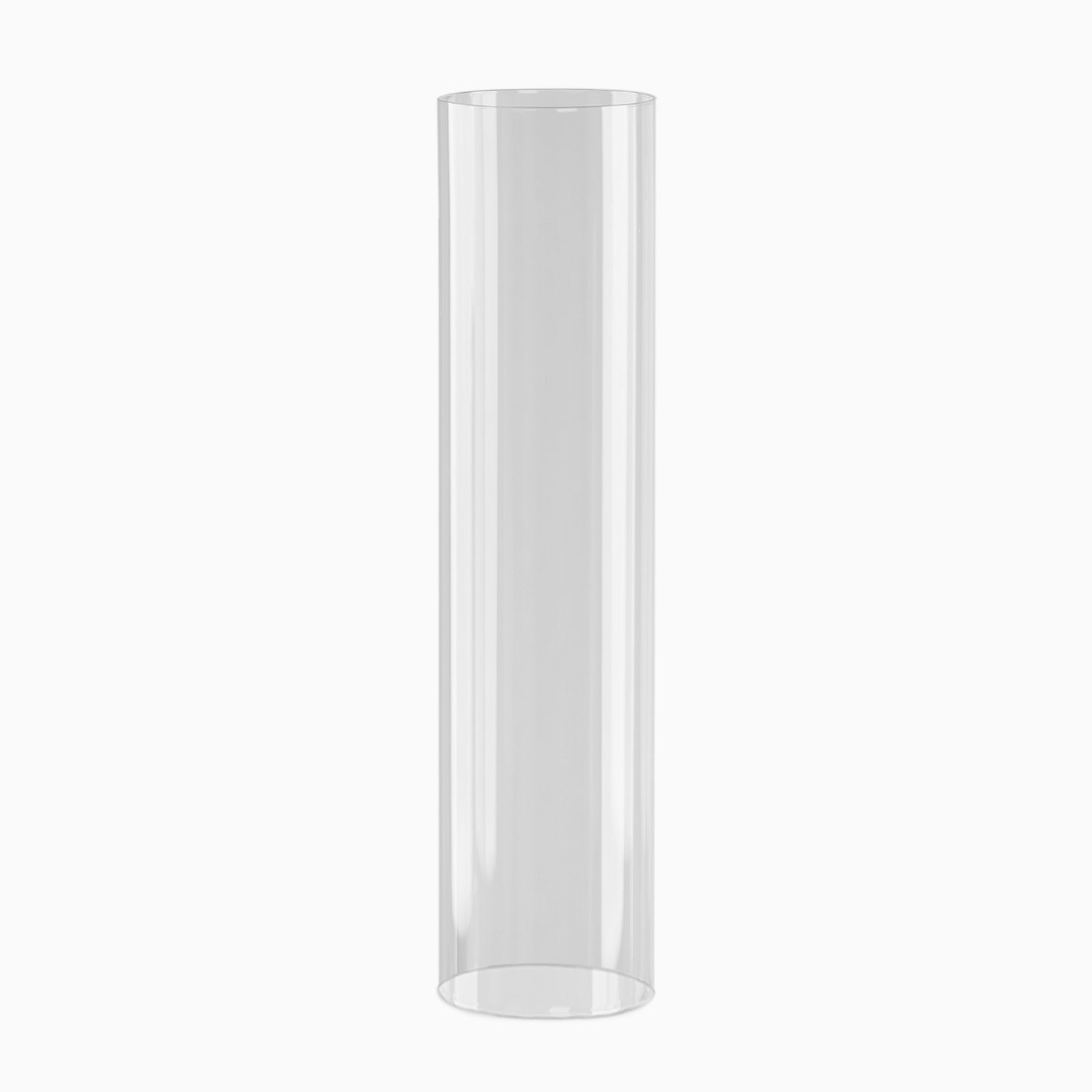 Clear glass candle holder with open ends, 20 inches tall.