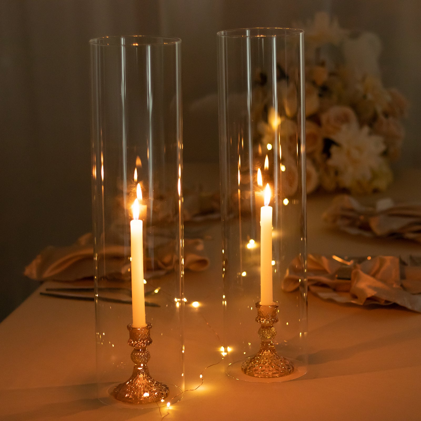 Clear candelabra candle holder glass shades with open ends, 20 inches tall.