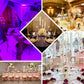 Gold 8 arm taper candle holder with clear glass shades in elegant event settings.