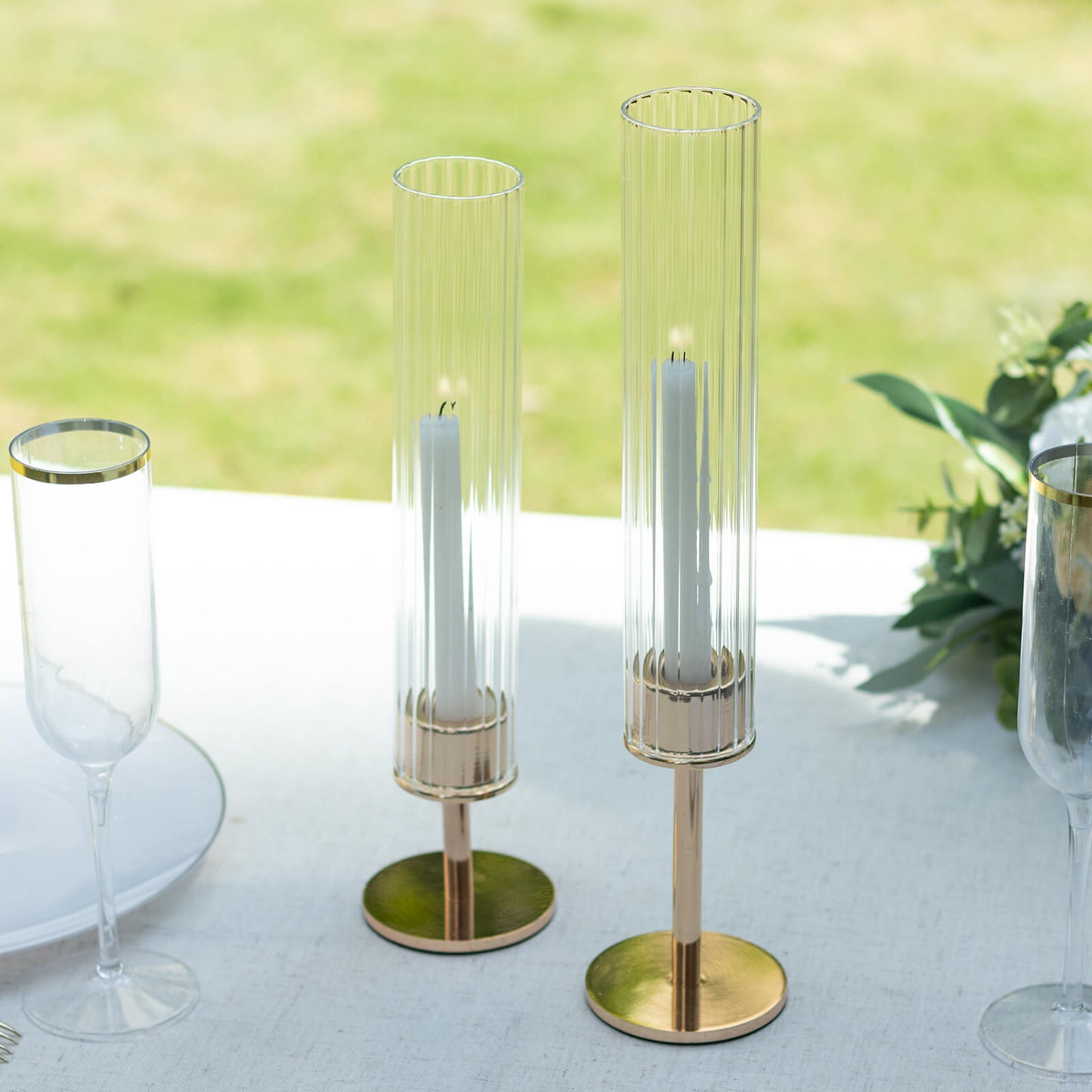 2 Pack Clear Ribbed Candle Holder Glass Shades With Open Ends, Pillar Hurricane Candelabra Candle Shades - 10"