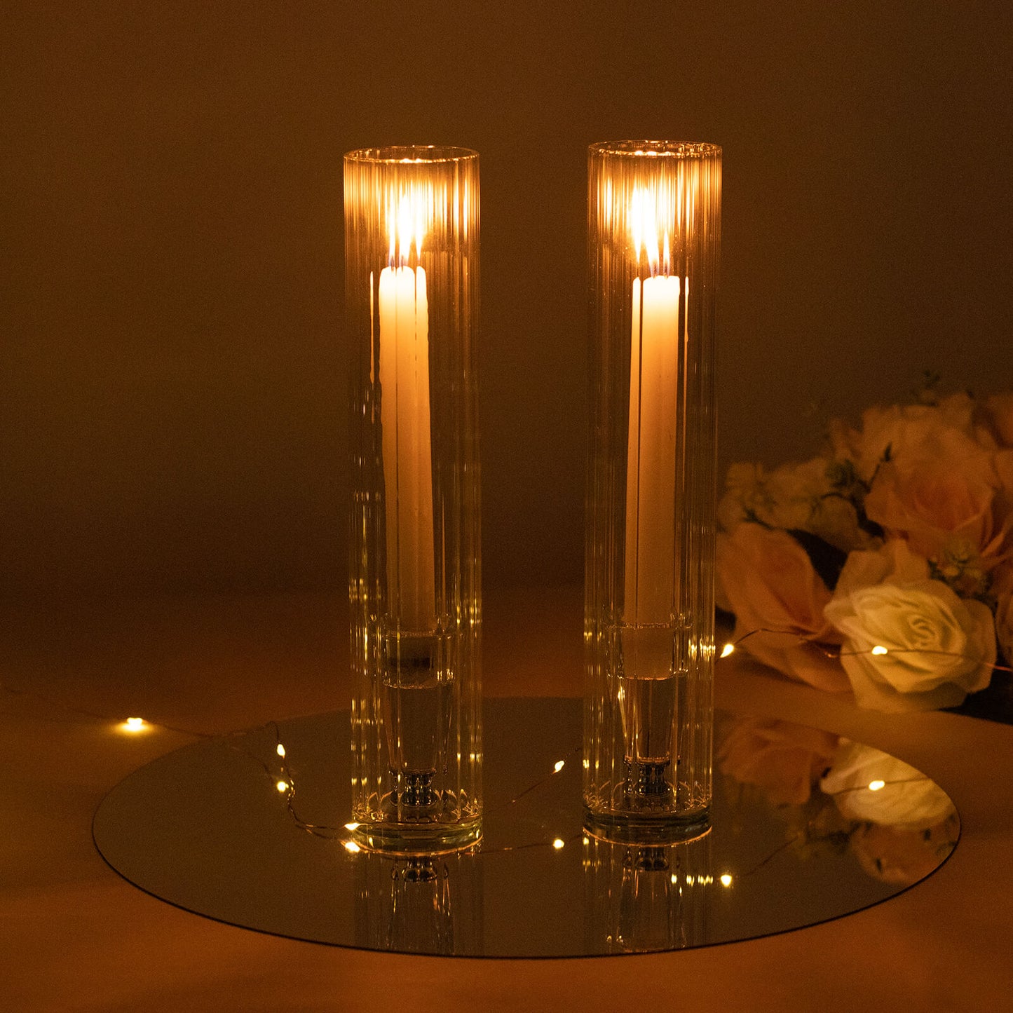 2 Pack Clear Ribbed Candle Holder Glass Shades With Open Ends, Pillar Hurricane Candelabra Candle Shades - 10"
