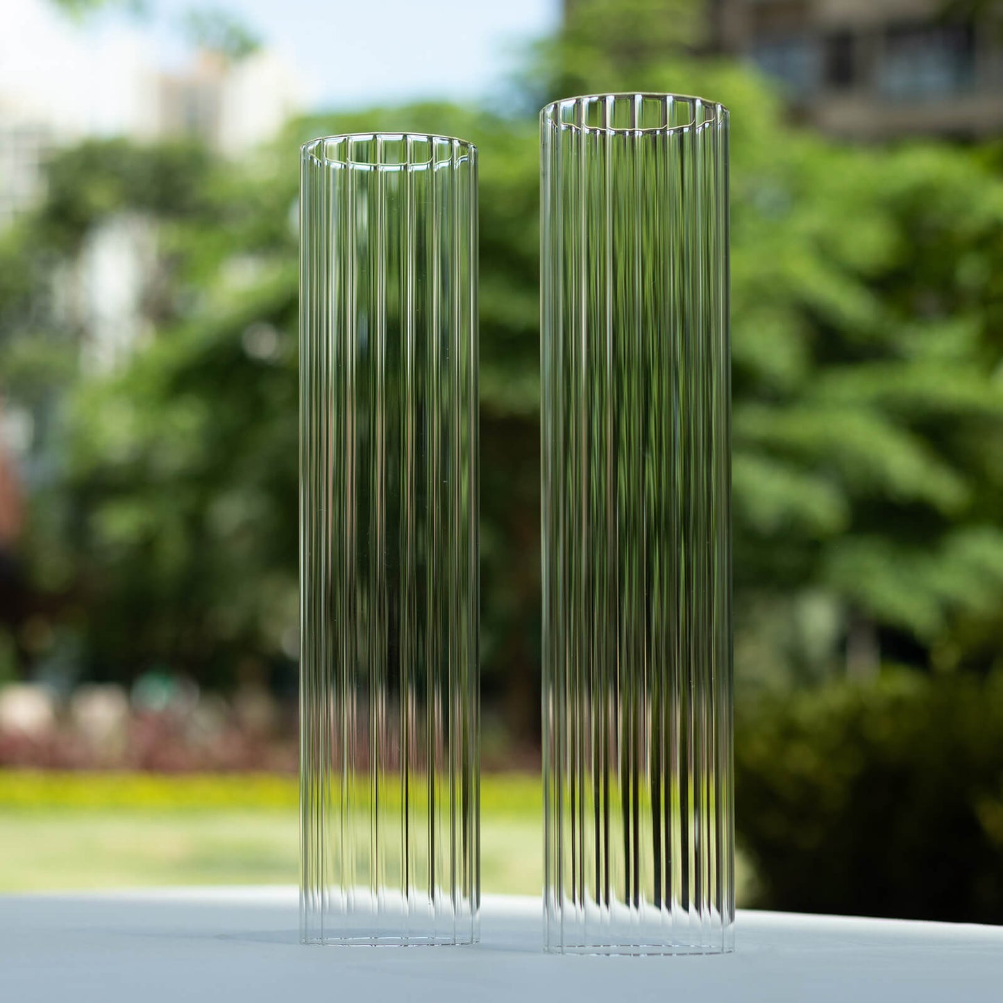 2 Pack Clear Ribbed Candle Holder Glass Shades With Open Ends, Pillar Hurricane Candelabra Candle Shades - 14"