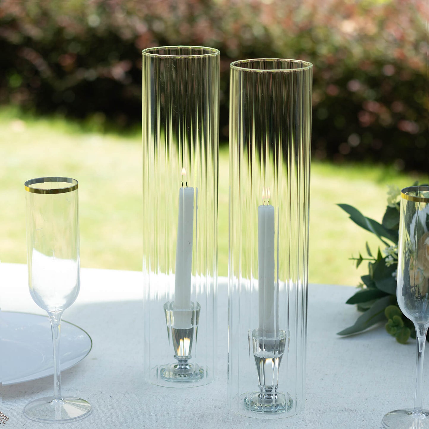 2 Pack Clear Ribbed Candle Holder Glass Shades With Open Ends, Pillar Hurricane Candelabra Candle Shades - 14"