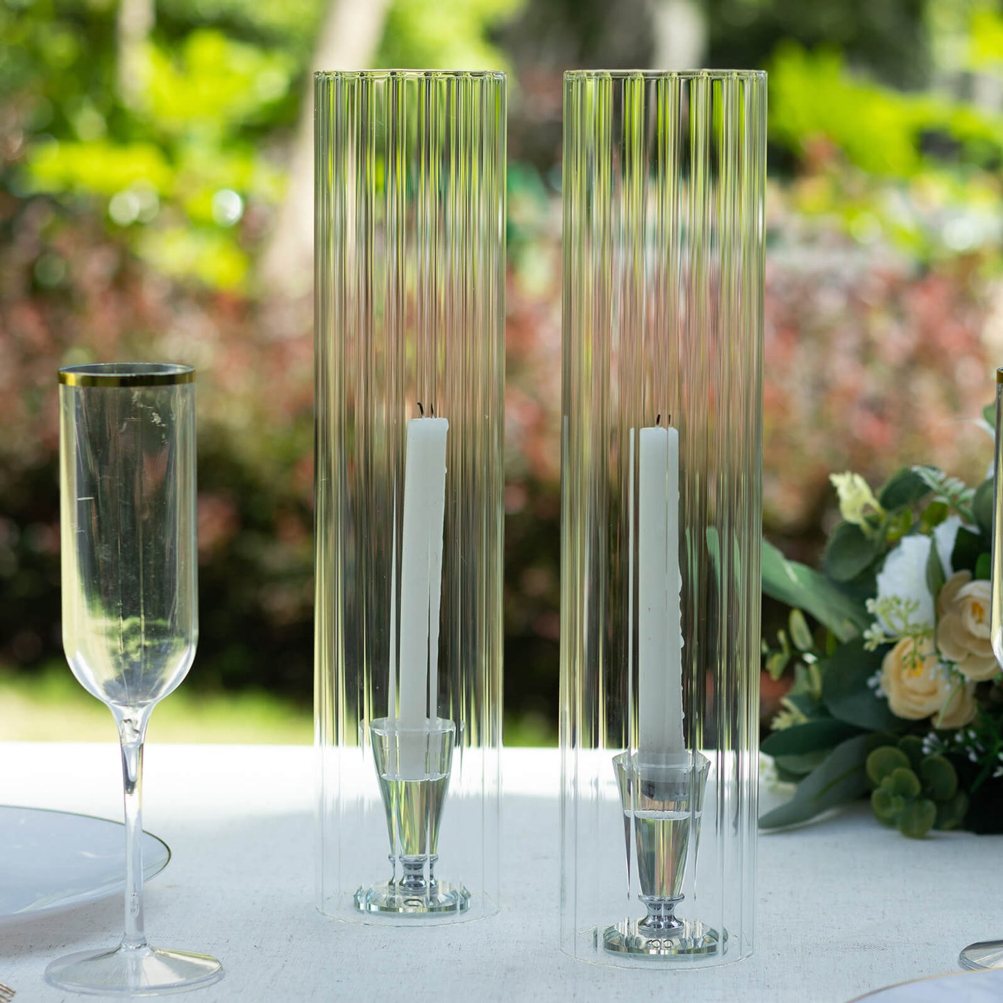 2 Pack Clear Ribbed Candle Holder Glass Shades With Open Ends, Pillar Hurricane Candelabra Candle Shades - 14"