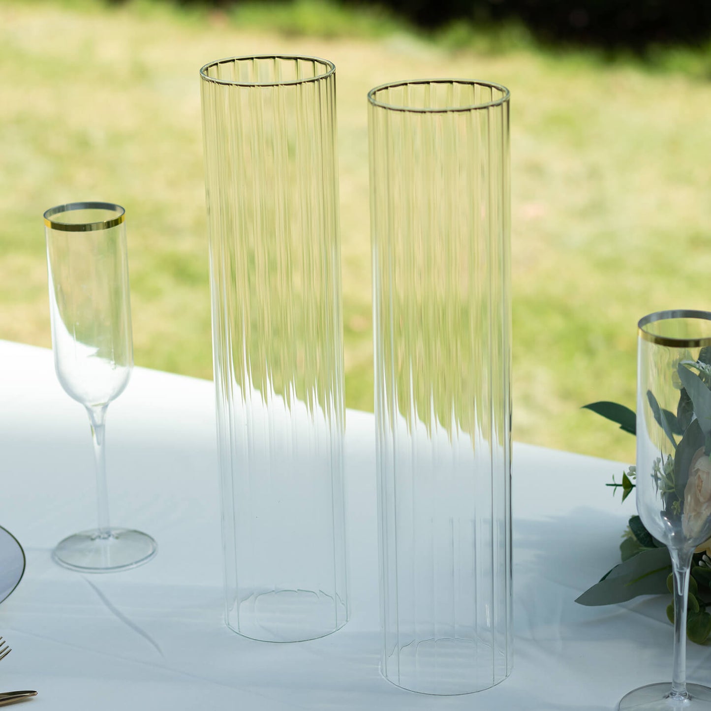 2 Pack Clear Ribbed Candle Holder Glass Shades With Open Ends, Pillar Hurricane Candelabra Candle Shades - 14"