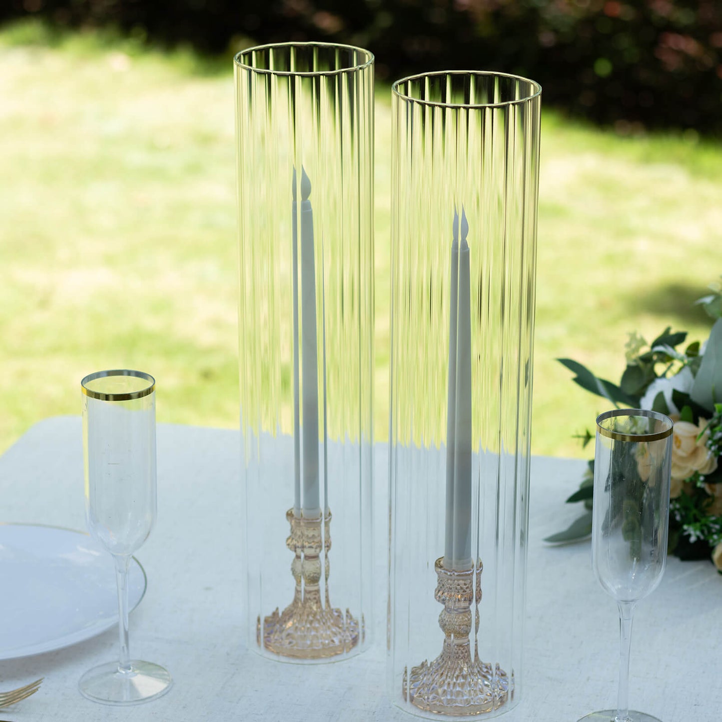 2 Pack Clear Ribbed Candle Holder Glass Shades With Open Ends, Pillar Hurricane Candelabra Candle Shades - 18"