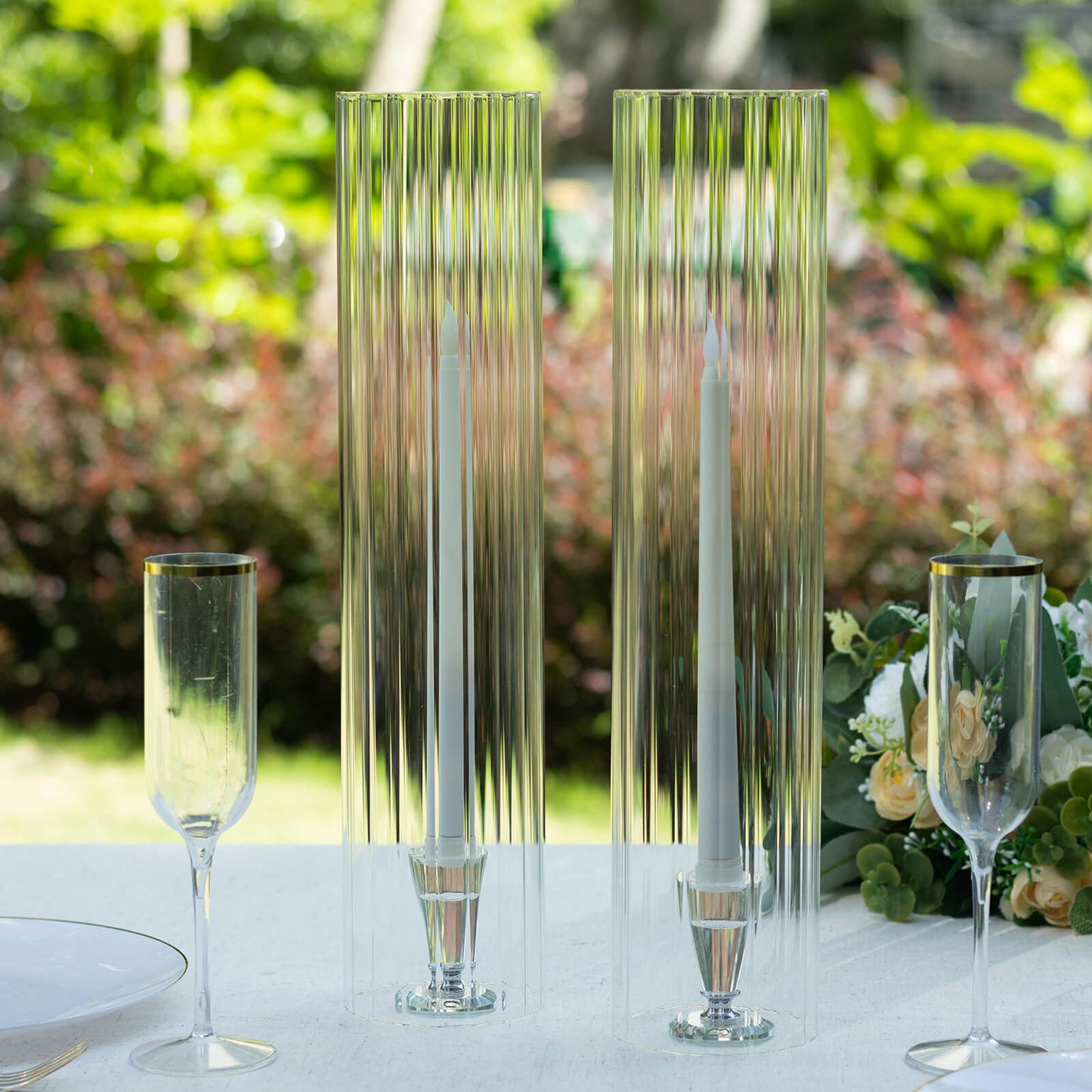 2 Pack Clear Ribbed Candle Holder Glass Shades With Open Ends, Pillar Hurricane Candelabra Candle Shades - 18"