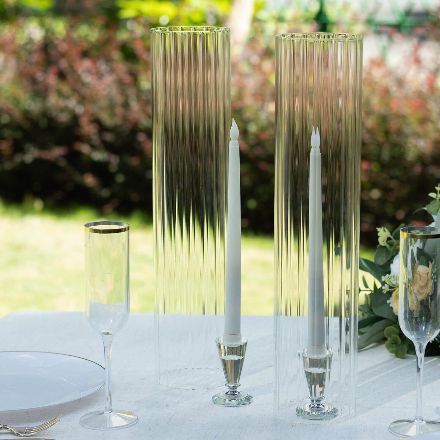 2 Pack Clear Ribbed Candle Holder Glass Shades With Open Ends, Pillar Hurricane Candelabra Candle Shades - 18"