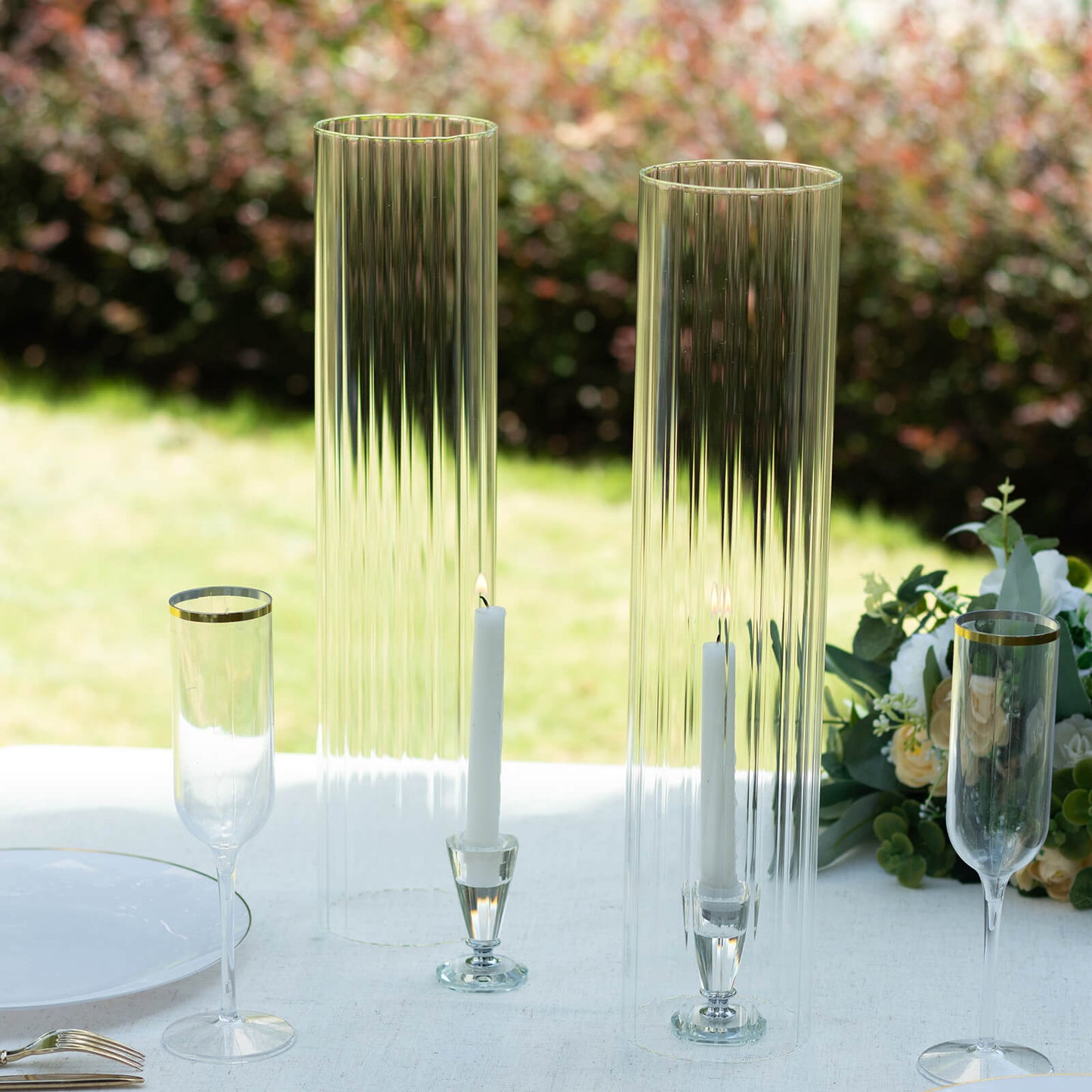 2 Pack Clear Ribbed Candle Holder Glass Shades With Open Ends, Pillar Hurricane Candelabra Candle Shades - 18"