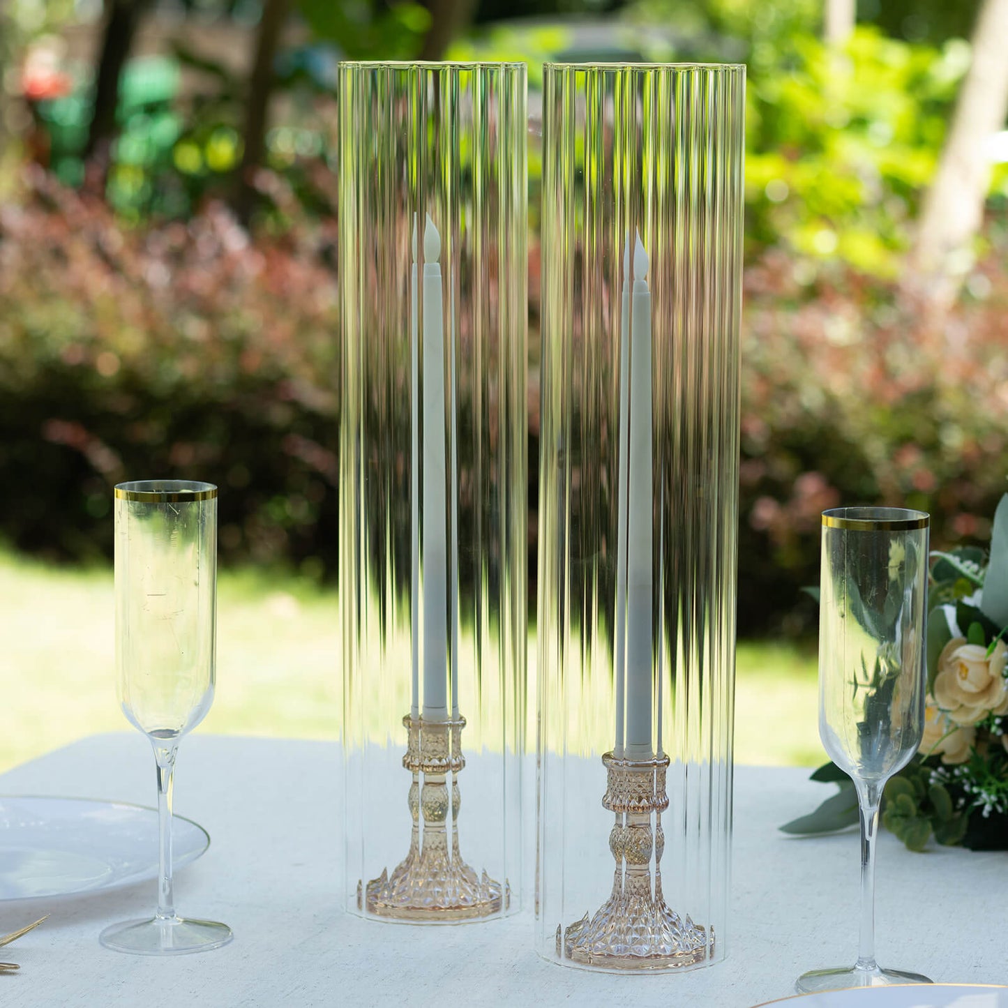 2 Pack Clear Ribbed Candle Holder Glass Shades With Open Ends, Pillar Hurricane Candelabra Candle Shades - 18"