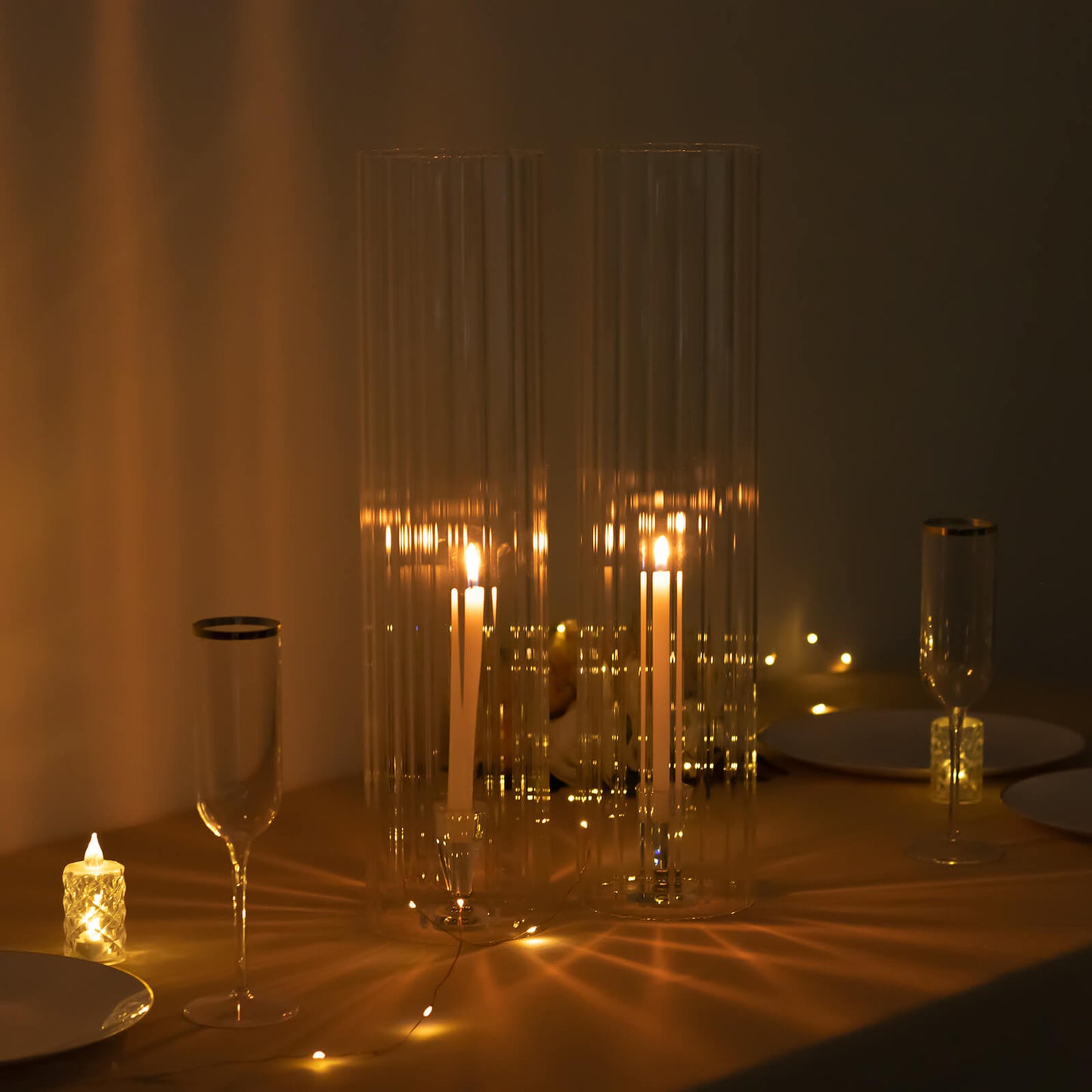 2 Pack Clear Ribbed Candle Holder Glass Shades With Open Ends, Pillar Hurricane Candelabra Candle Shades - 20"