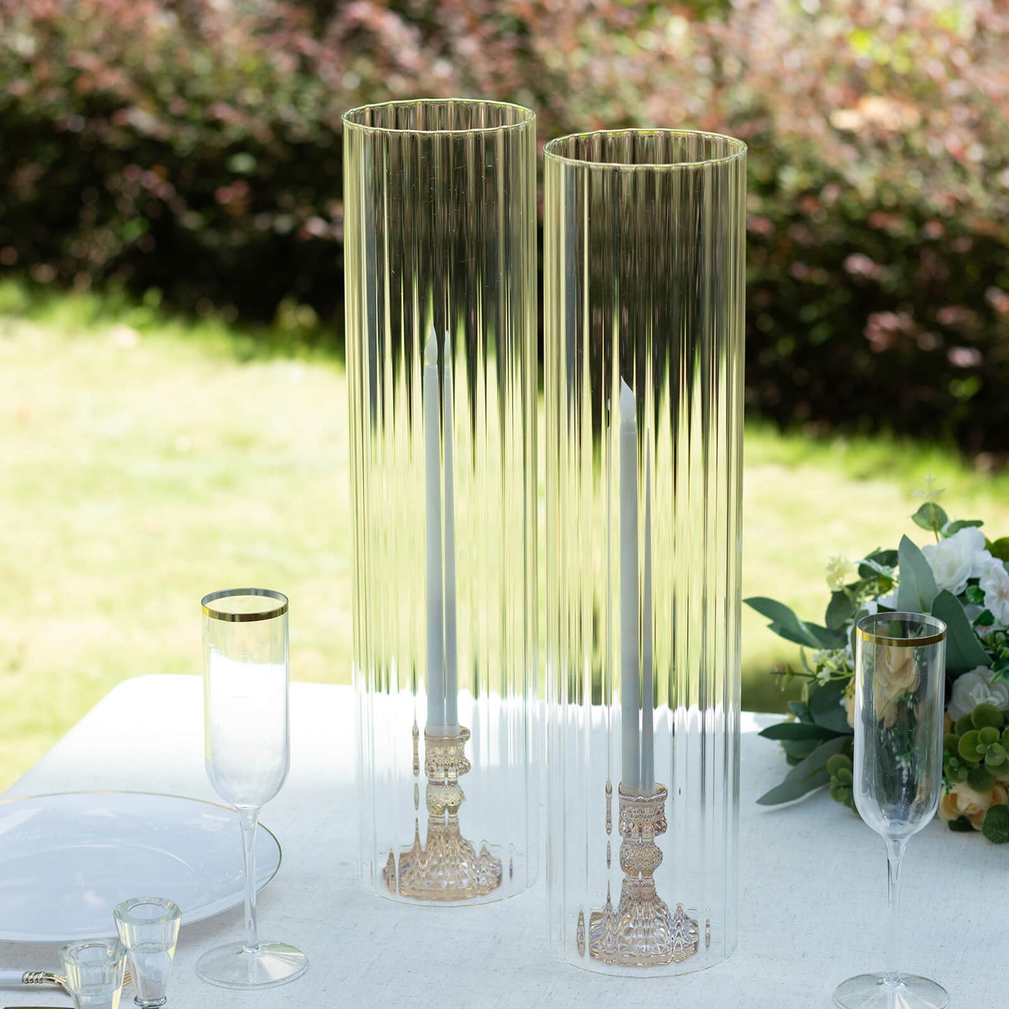 2 Pack Clear Ribbed Candle Holder Glass Shades With Open Ends, Pillar Hurricane Candelabra Candle Shades - 20"