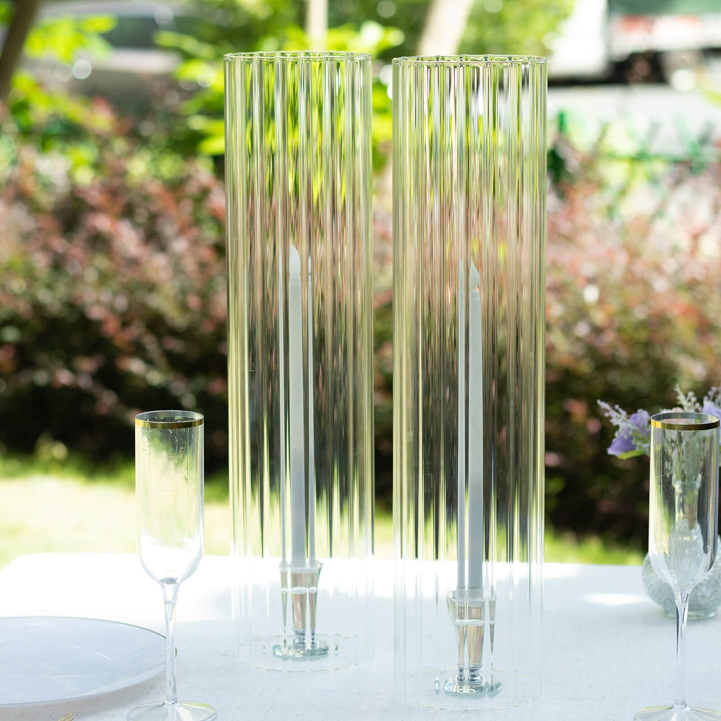 2 Pack Clear Ribbed Candle Holder Glass Shades With Open Ends, Pillar Hurricane Candelabra Candle Shades - 20"