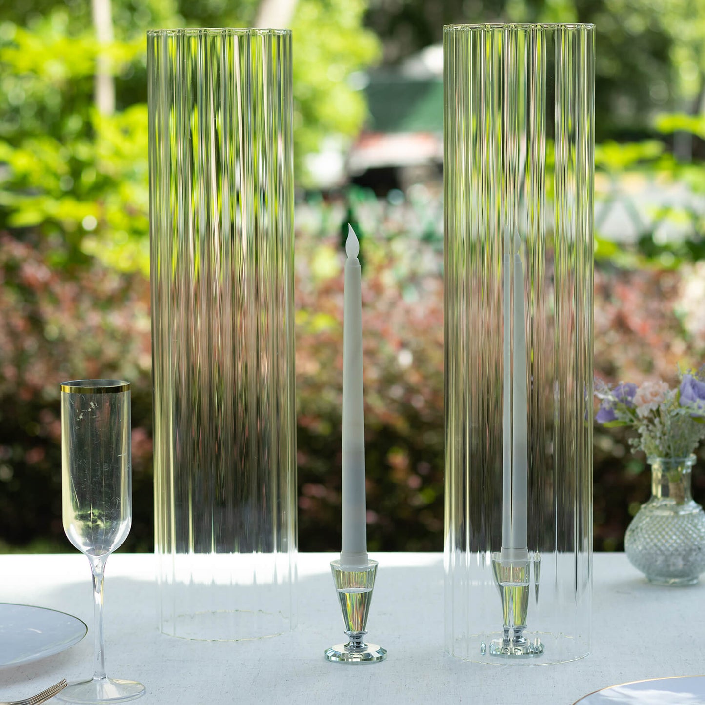 2 Pack Clear Ribbed Candle Holder Glass Shades With Open Ends, Pillar Hurricane Candelabra Candle Shades - 20"
