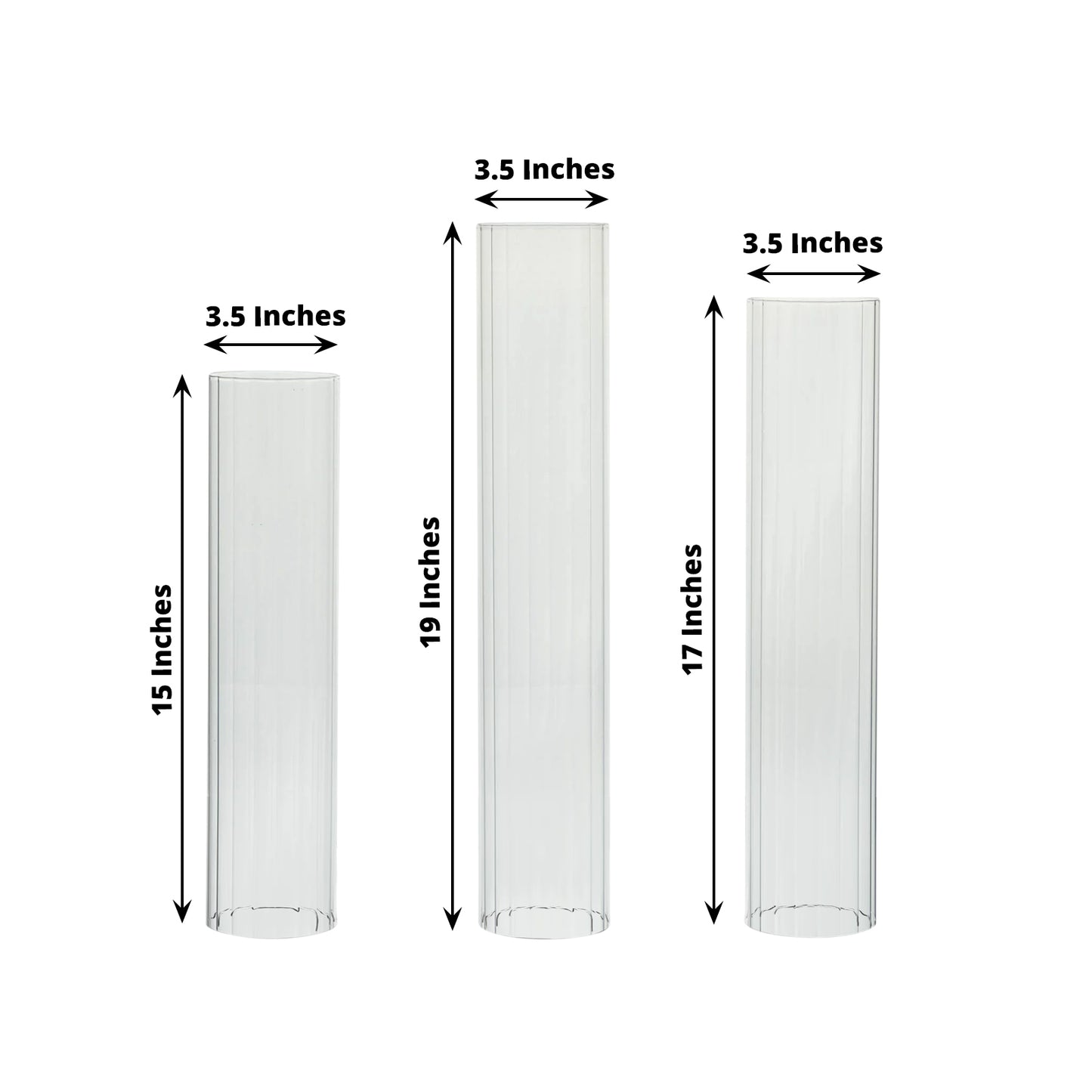 Set of 3 Clear Ribbed Candle Holder Glass Shades With Open Ends, Pillar Hurricane Candelabra Candle Shades - 15",17",19"