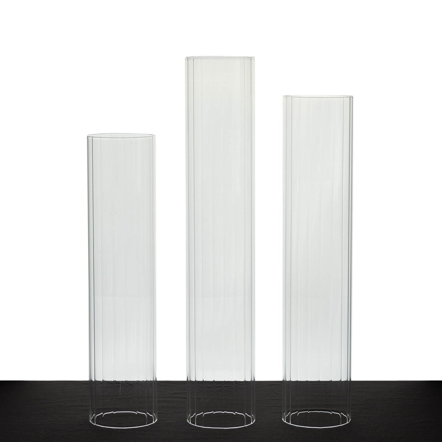 Set of 3 Clear Ribbed Candle Holder Glass Shades With Open Ends, Pillar Hurricane Candelabra Candle Shades - 15",17",19"