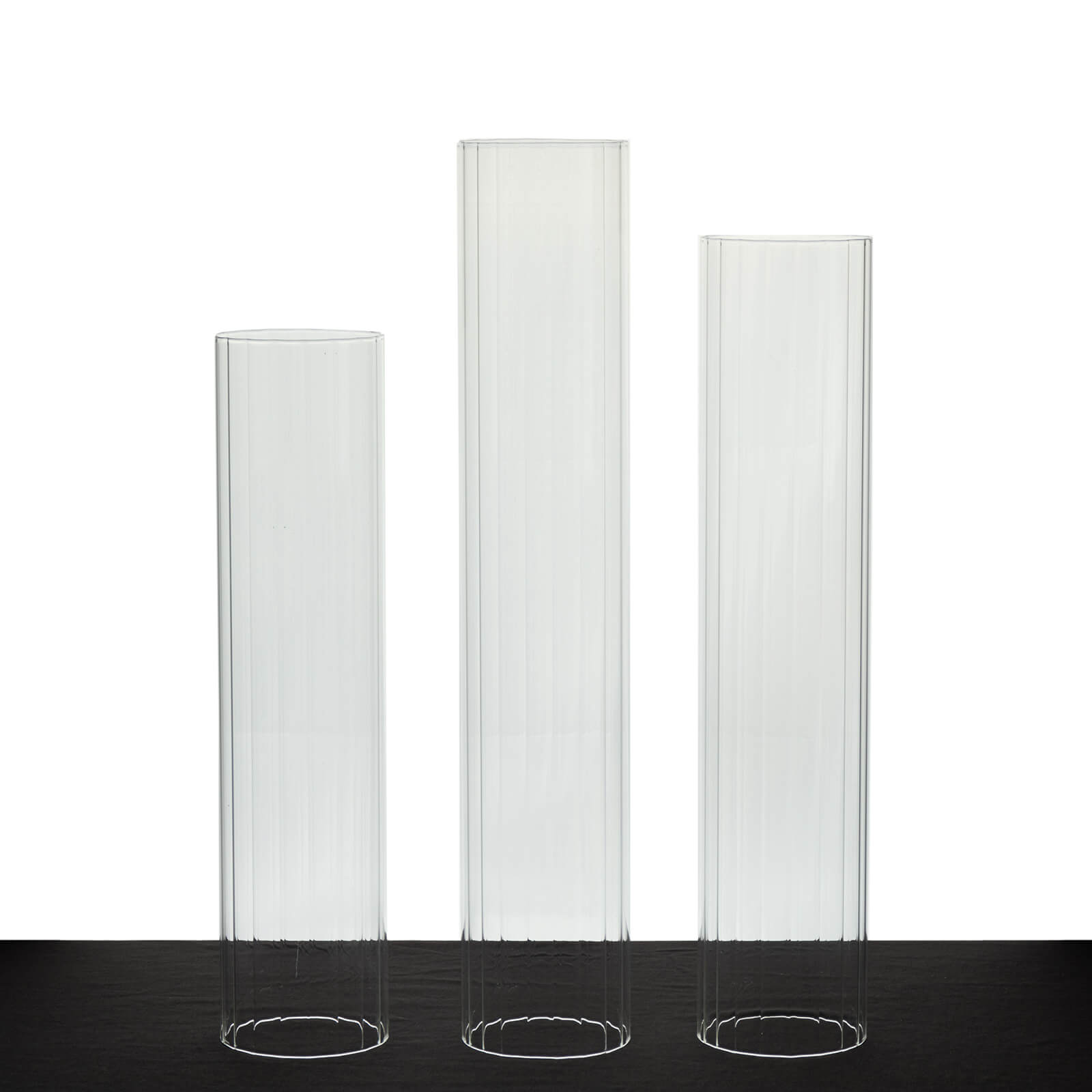Set of 3 Clear Ribbed Candle Holder Glass Shades With Open Ends, Pillar Hurricane Candelabra Candle Shades - 15",17",19"