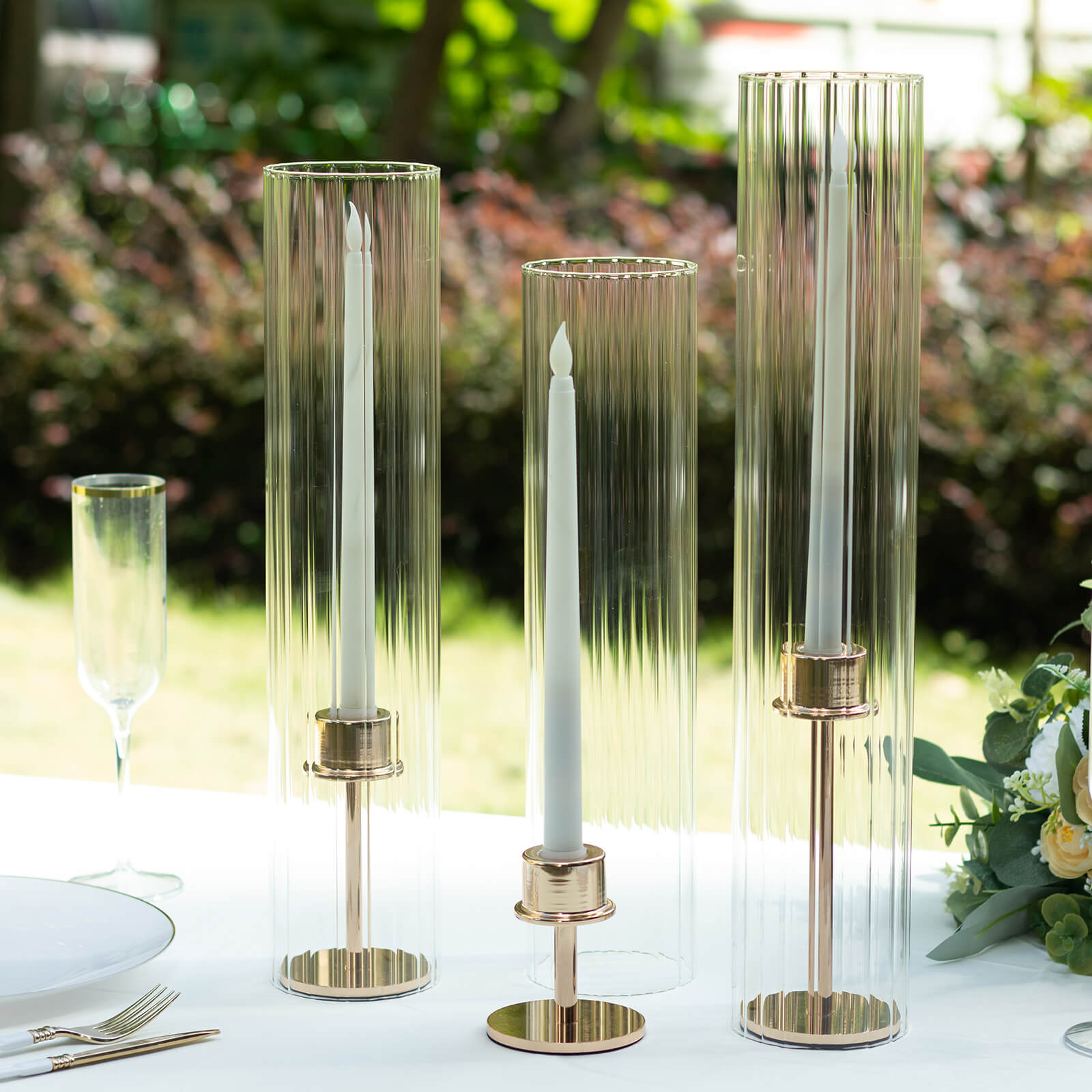 Set of 3 Clear Ribbed Candle Holder Glass Shades With Open Ends, Pillar Hurricane Candelabra Candle Shades - 15",17",19"