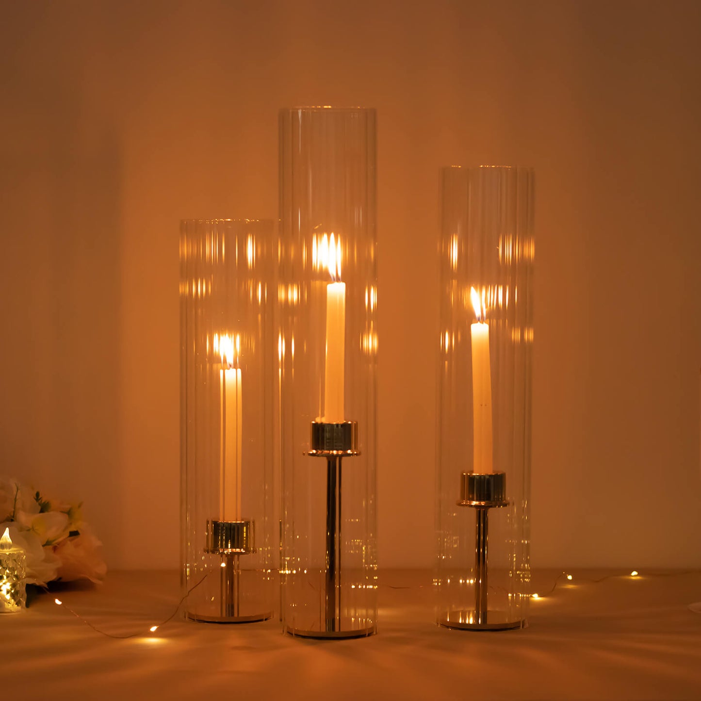 Set of 3 Clear Ribbed Candle Holder Glass Shades With Open Ends, Pillar Hurricane Candelabra Candle Shades - 15",17",19"
