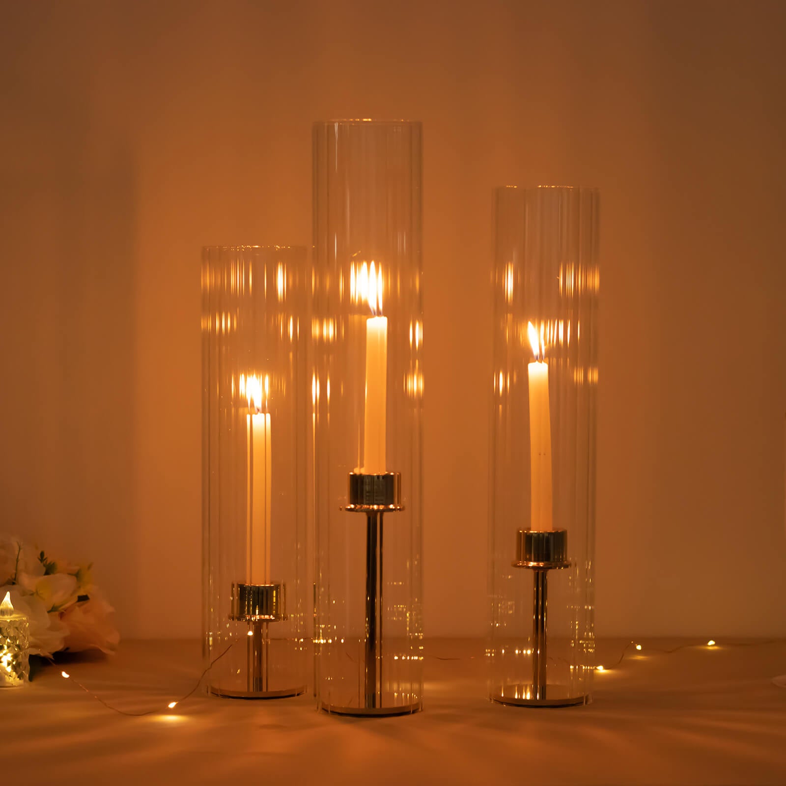 Set of 3 Clear Ribbed Candle Holder Glass Shades With Open Ends, Pillar Hurricane Candelabra Candle Shades - 15",17",19"