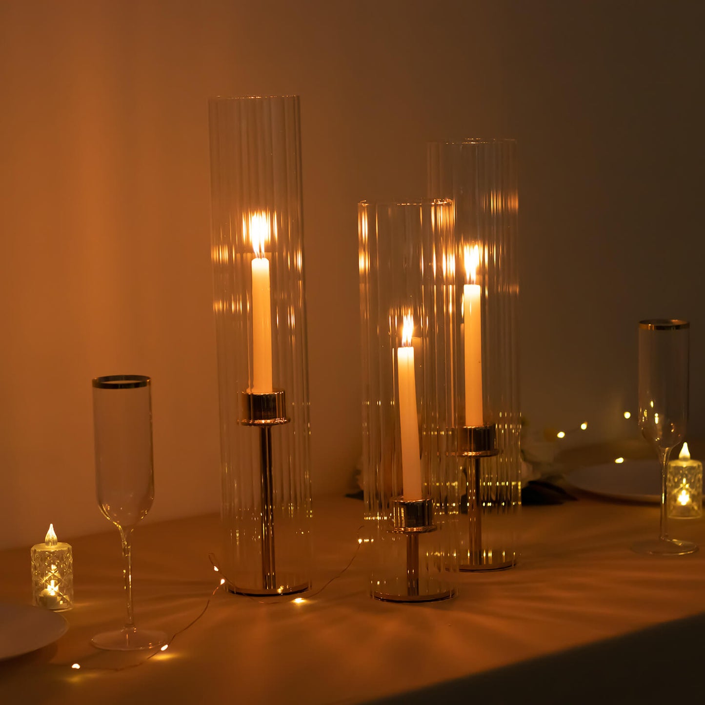 Set of 3 Clear Ribbed Candle Holder Glass Shades With Open Ends, Pillar Hurricane Candelabra Candle Shades - 15",17",19"