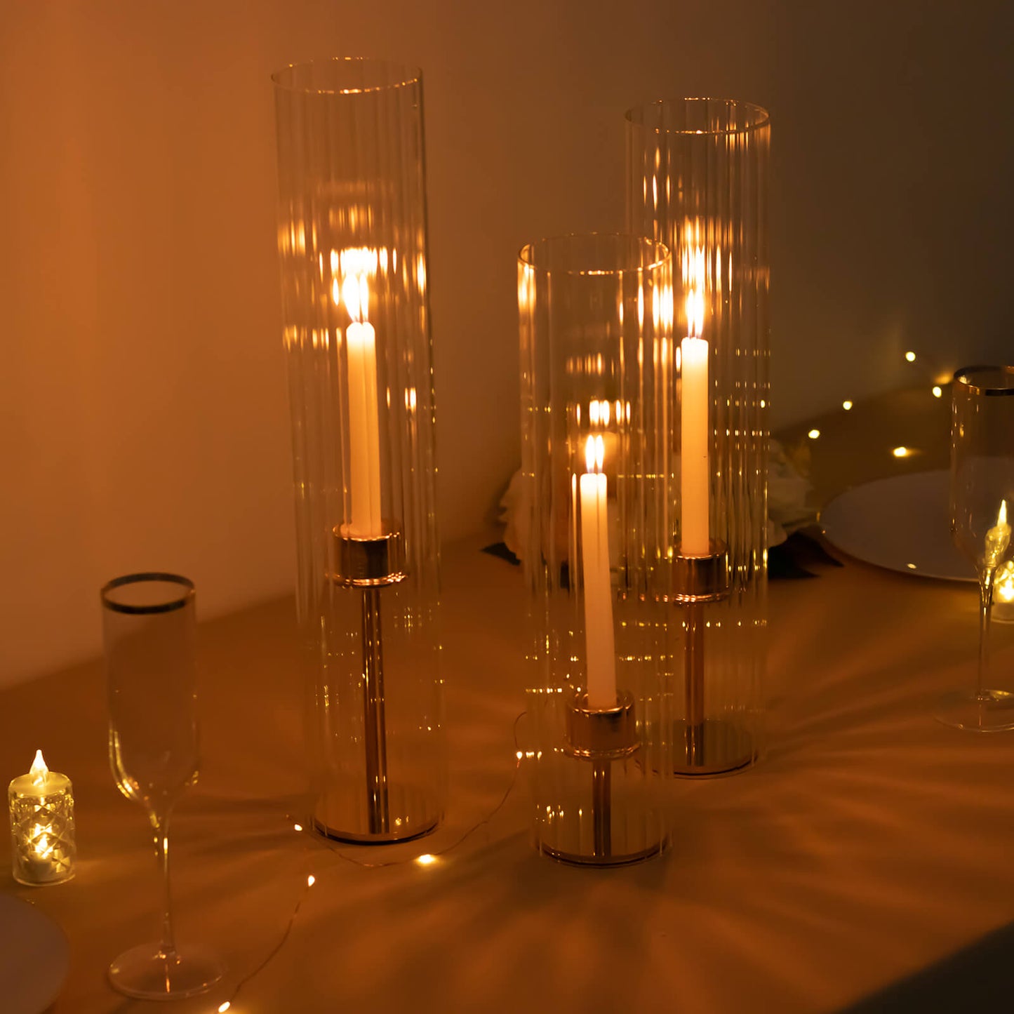 Set of 3 Clear Ribbed Candle Holder Glass Shades With Open Ends, Pillar Hurricane Candelabra Candle Shades - 15",17",19"