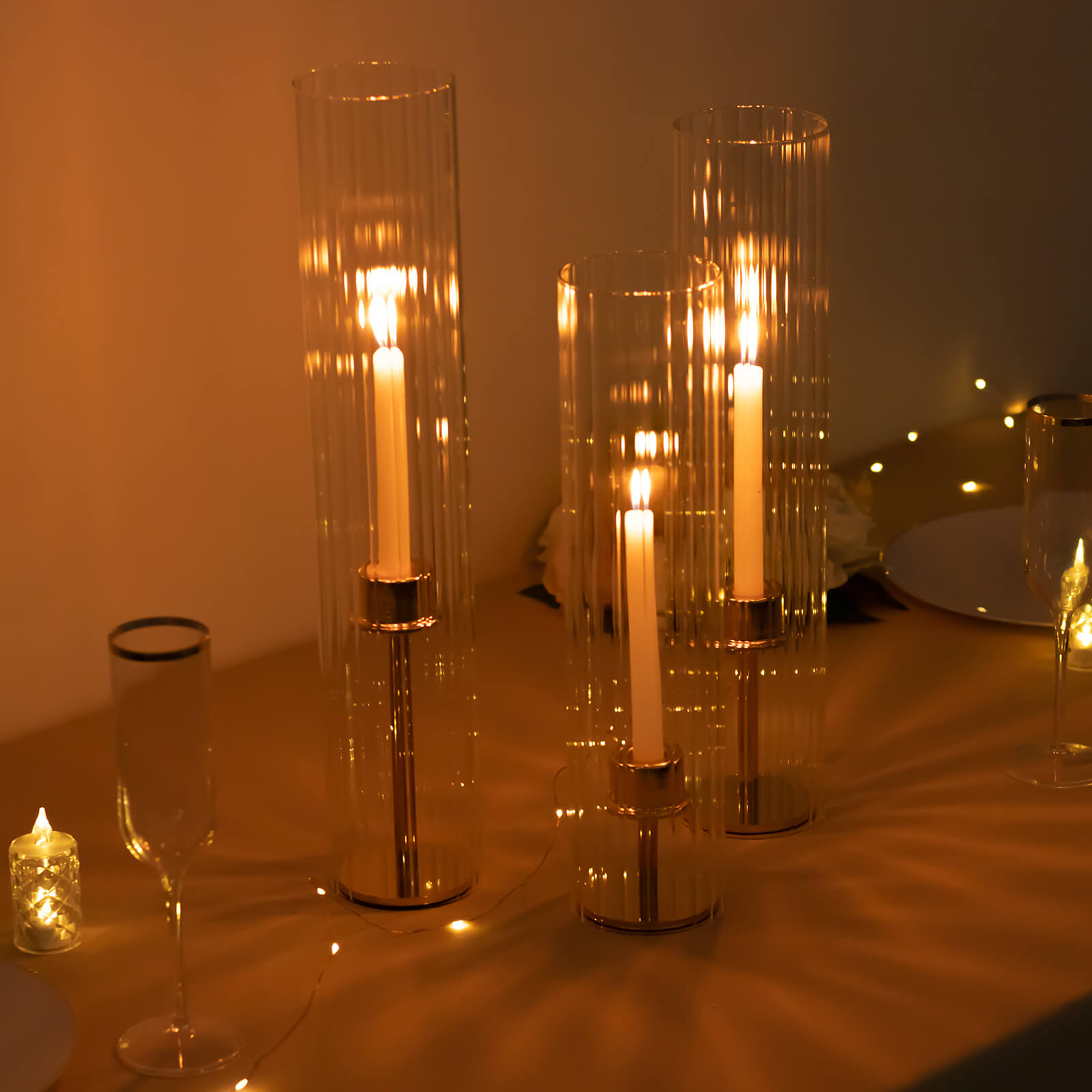 Set of 3 Clear Ribbed Candle Holder Glass Shades With Open Ends, Pillar Hurricane Candelabra Candle Shades - 15",17",19"