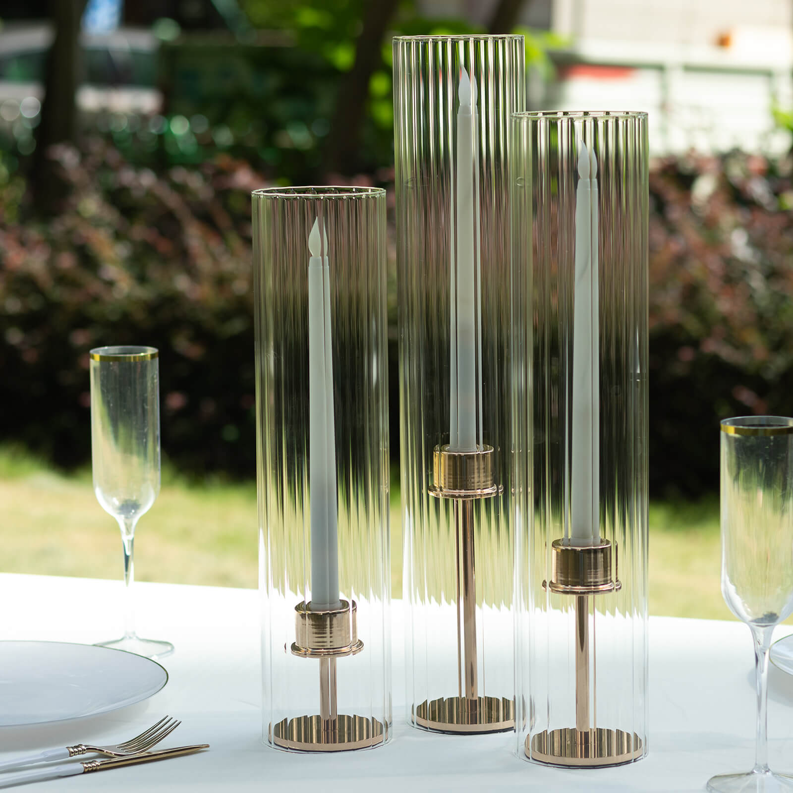 Set of 3 Clear Ribbed Candle Holder Glass Shades With Open Ends, Pillar Hurricane Candelabra Candle Shades - 15",17",19"