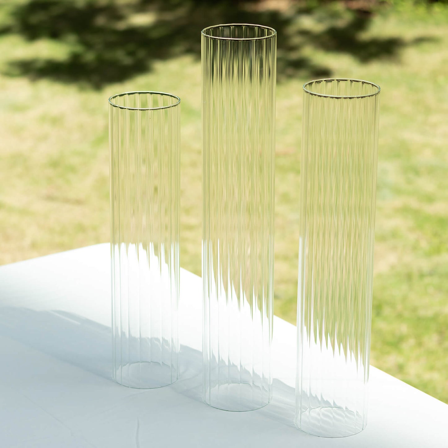 Set of 3 Clear Ribbed Candle Holder Glass Shades With Open Ends, Pillar Hurricane Candelabra Candle Shades - 15",17",19"