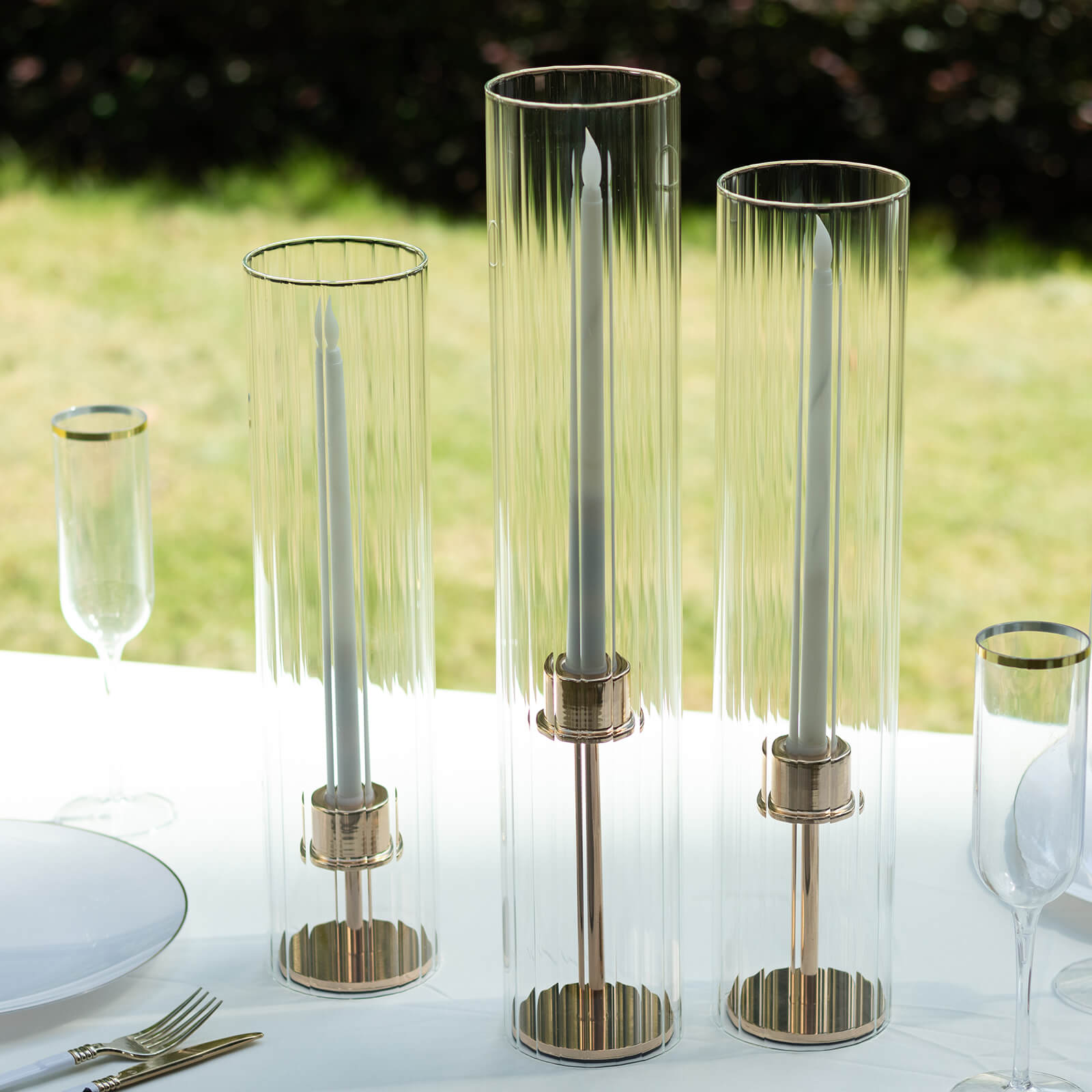 Set of 3 Clear Ribbed Candle Holder Glass Shades With Open Ends, Pillar Hurricane Candelabra Candle Shades - 15",17",19"