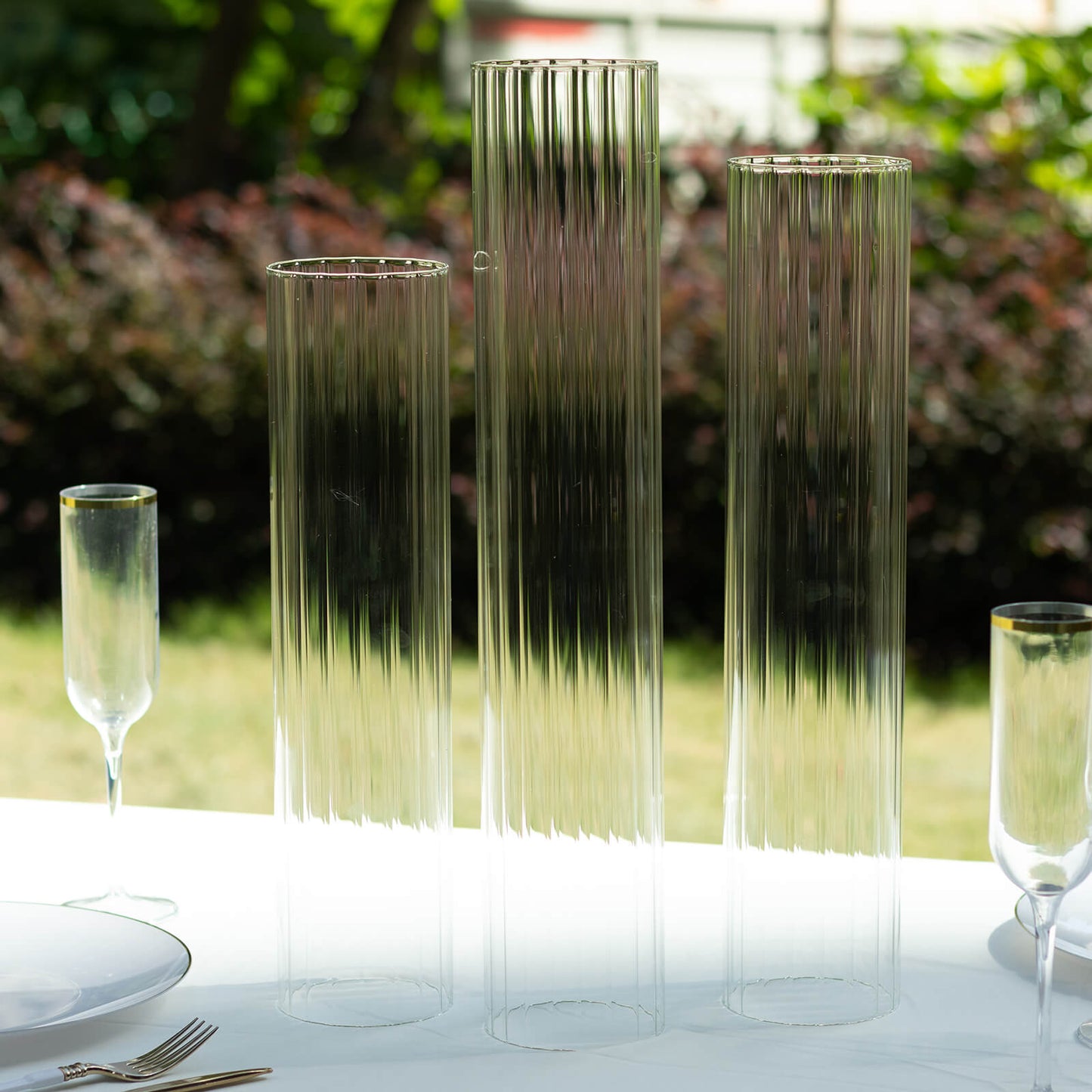 Set of 3 Clear Ribbed Candle Holder Glass Shades With Open Ends, Pillar Hurricane Candelabra Candle Shades - 15",17",19"