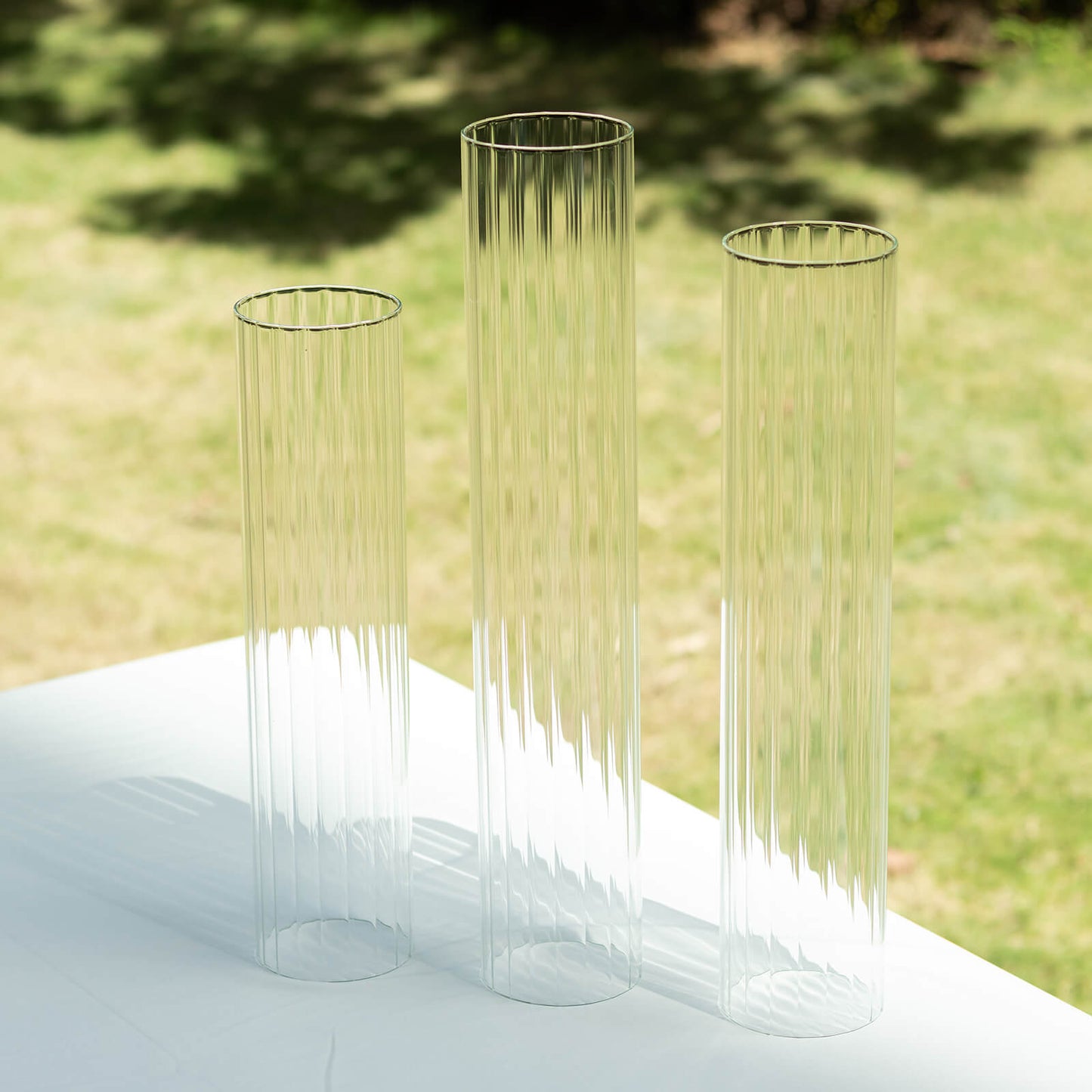 Set of 3 Clear Ribbed Candle Holder Glass Shades With Open Ends, Pillar Hurricane Candelabra Candle Shades - 15",17",19"