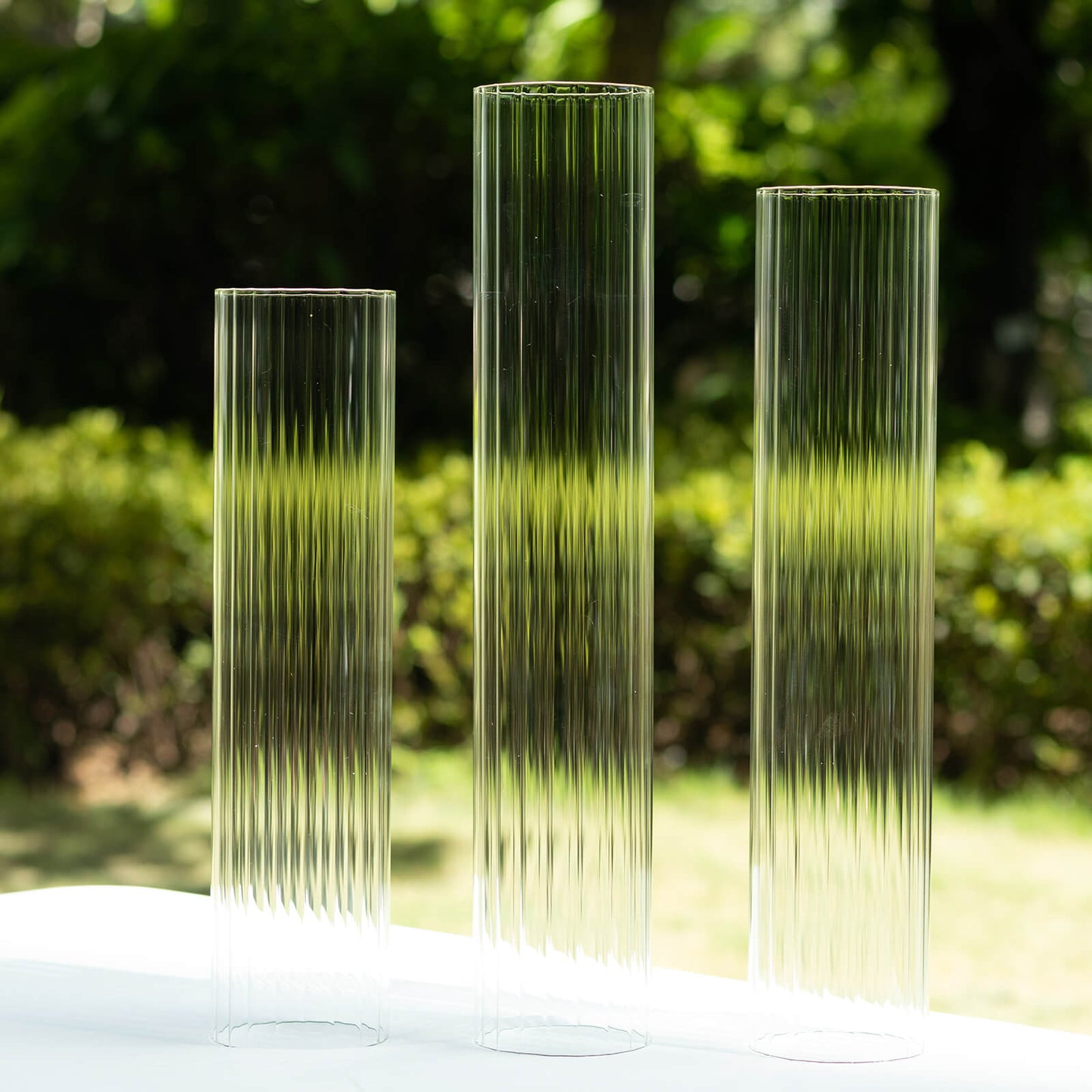 Set of 3 Clear Ribbed Candle Holder Glass Shades With Open Ends, Pillar Hurricane Candelabra Candle Shades - 15",17",19"
