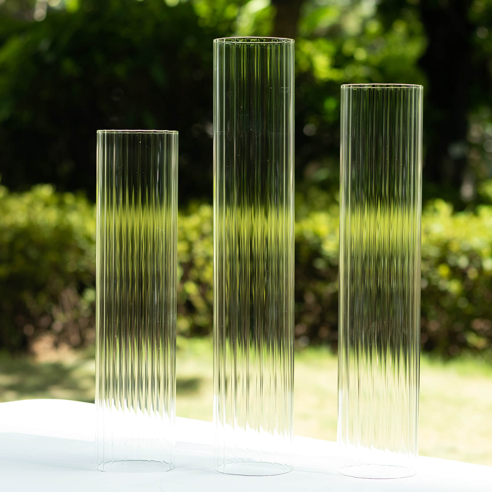 Set of 3 Clear Ribbed Candle Holder Glass Shades With Open Ends, Pillar Hurricane Candelabra Candle Shades - 15",17",19"